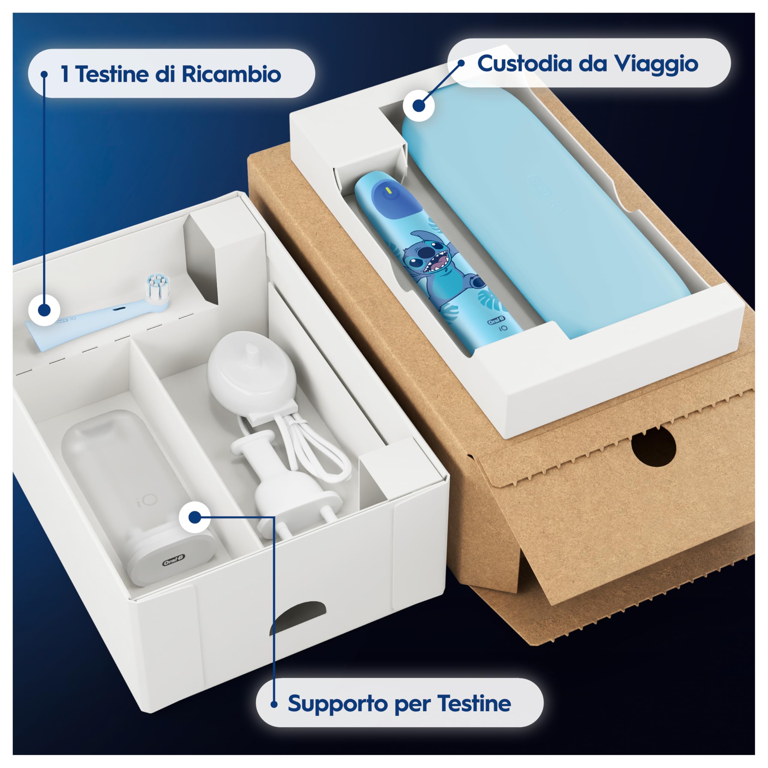 Oral-B Spazzolino Elettrico Ricaricabile iO Kids 6+, 1 Testina, Custodia, Azzurro - Disney Stitch, 1 Testina di Ricambio per Spazzolino Elettrico, dai 6 Anni in su, Delicato sulle Gengive, Custodia