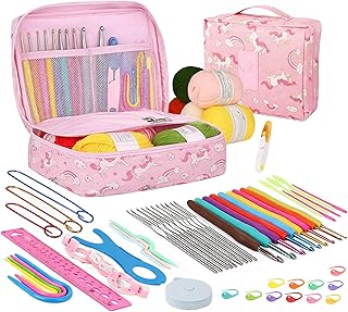 KRENZ 59 Pcs Crochet Kit for Beginners Kids &amp; Adults Starter Set with 5 Yarn, Hooks, Stitch Markers &amp; Storage Bag (Pink Un...