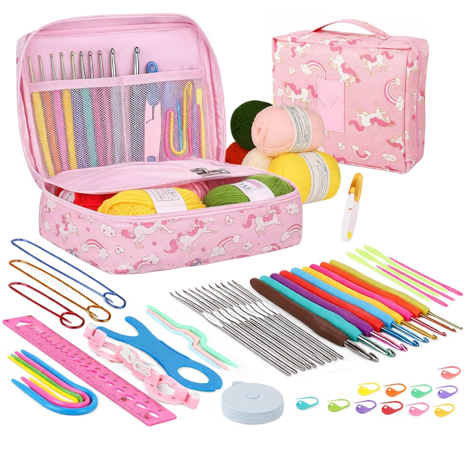 KRENZ 59 Pcs Crochet Kit for Beginners Kids & Adults Starter Set with 5 Yarn, Hooks, Stitch Markers & Storage Bag (Pink Un...