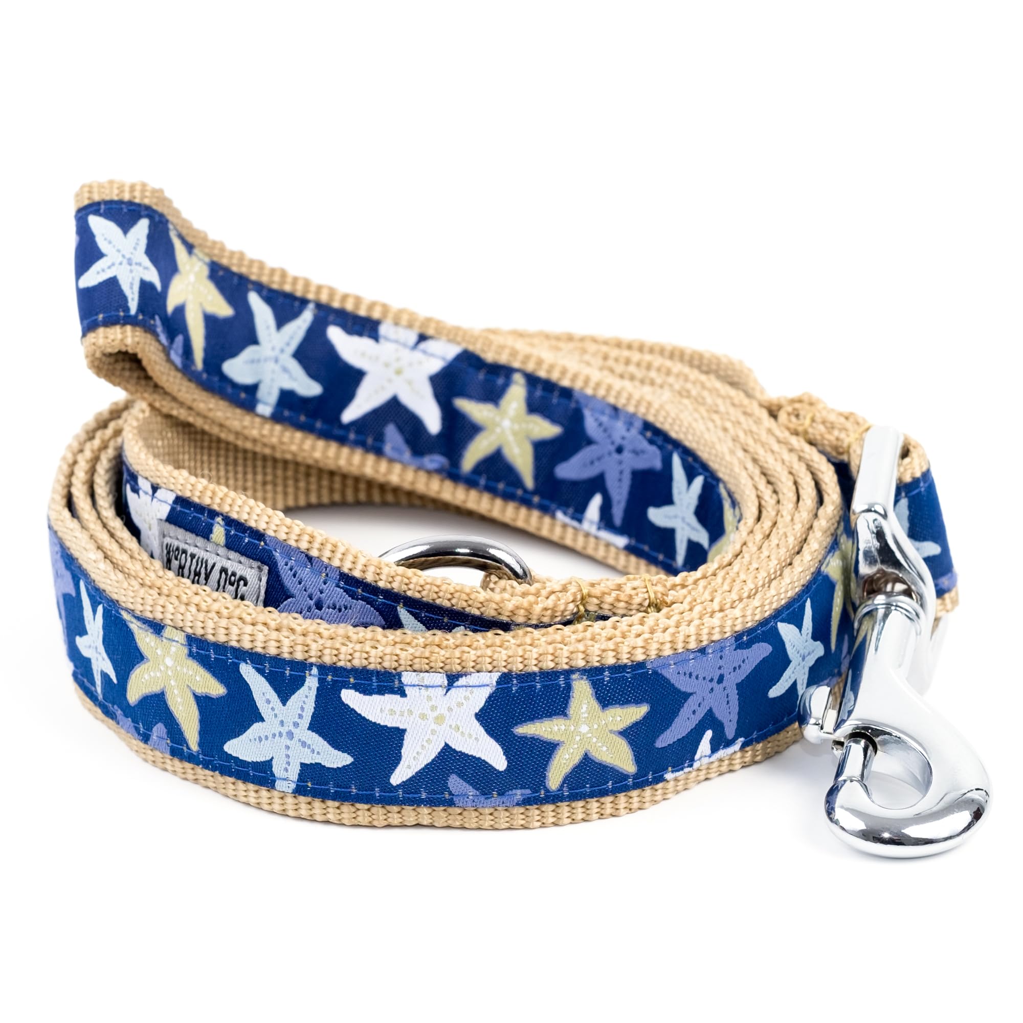 The Worthy Dog Starfish Sea Star Lead Leash 5ft Stylish Blue/Gold Pattern, Comfortable Durable Nylon Fits Small, Medium, Large Dogs, Fun Outdoor Puppy