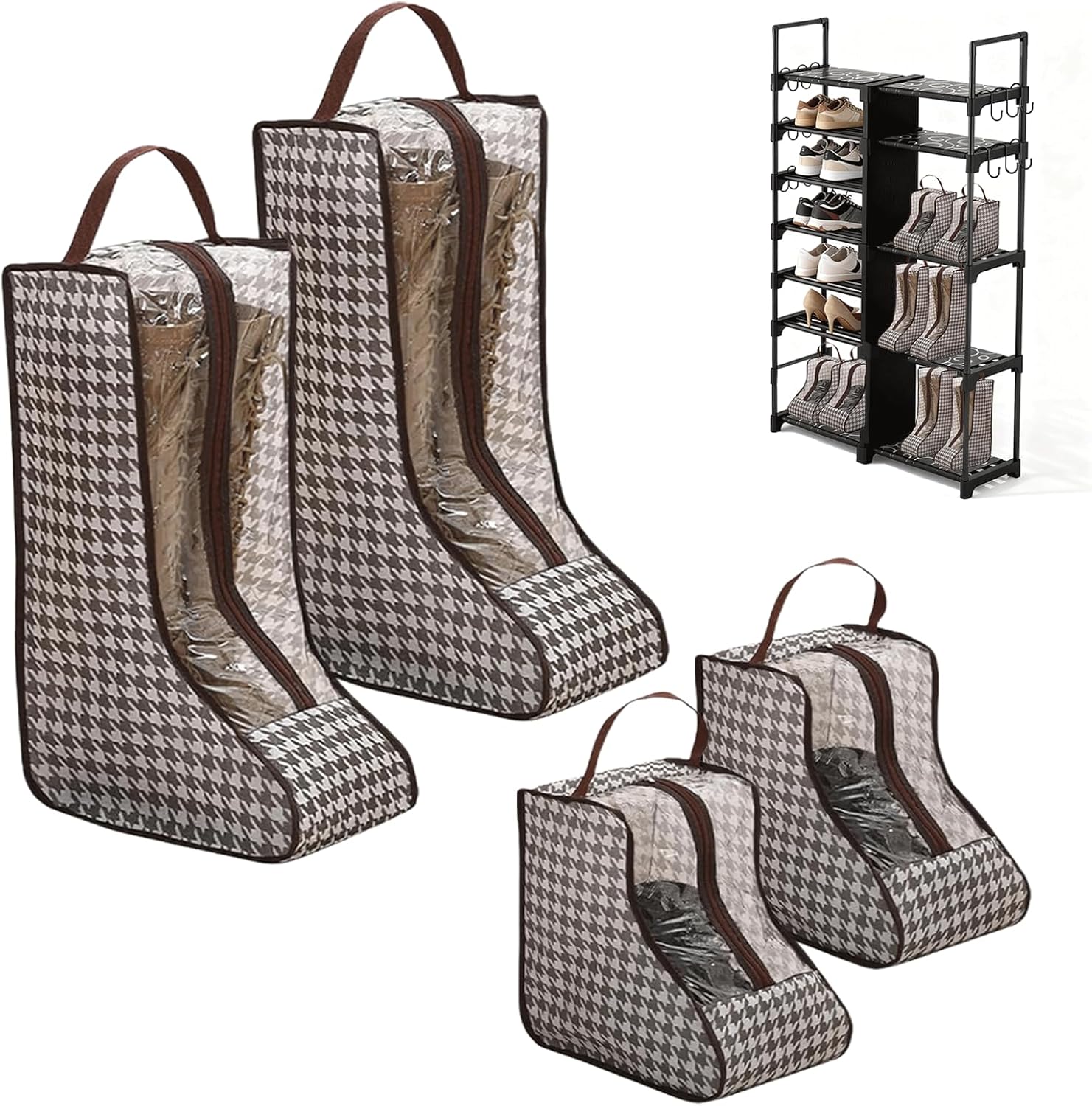 Boot Bags For Cowboy Boots,Boot Bags For Travel,Dustproof Hanging Organizer for Cowboy Boots And Short boots, Portable Travel Shoe Protector for Garage And closet Thousand Birds Grid (2Tall+2Short)