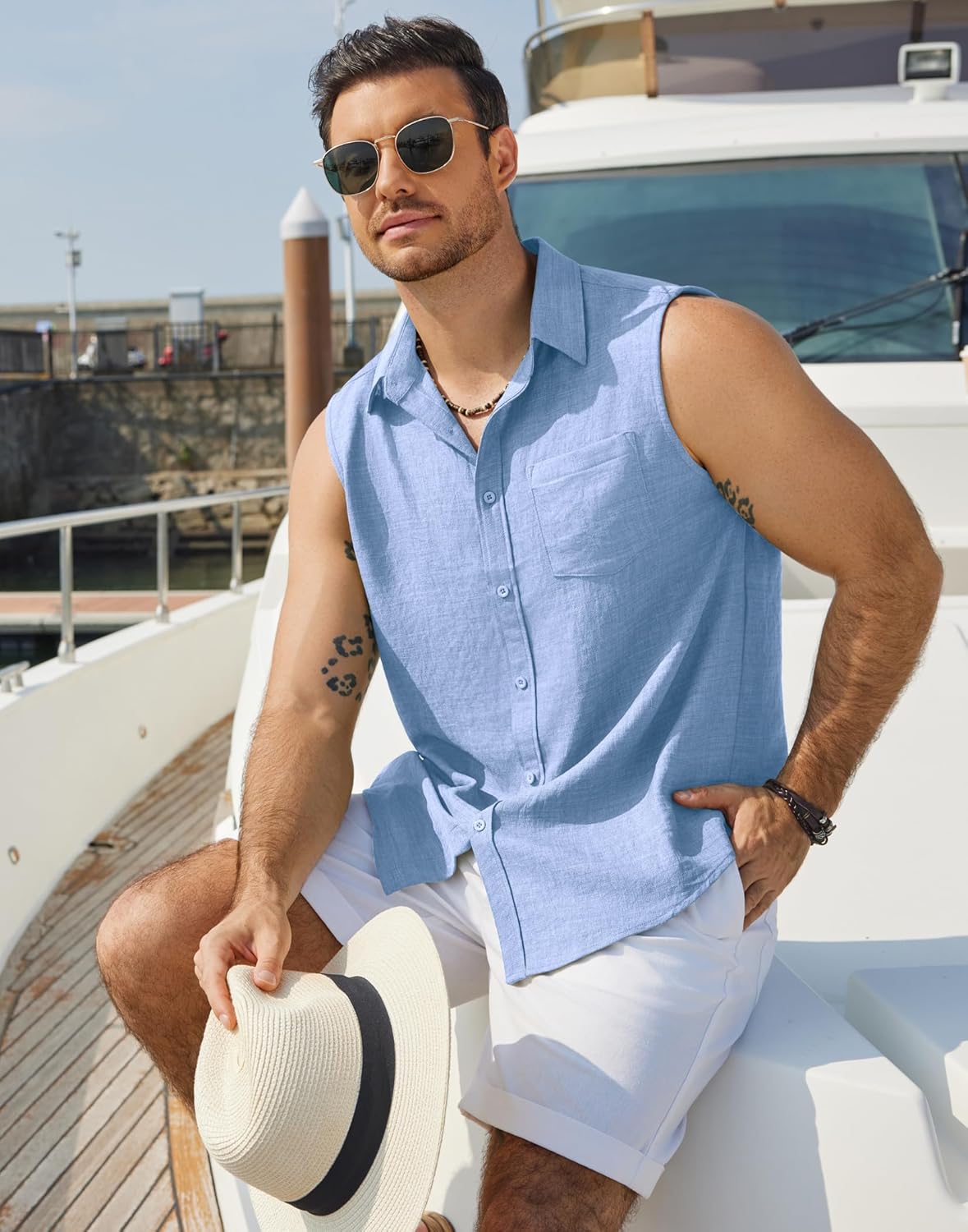 COOFANDY Men's Sleeveless Beach Shirts Summer Button Up Tank Tops Casual Textured Tank Shirt - Image 3