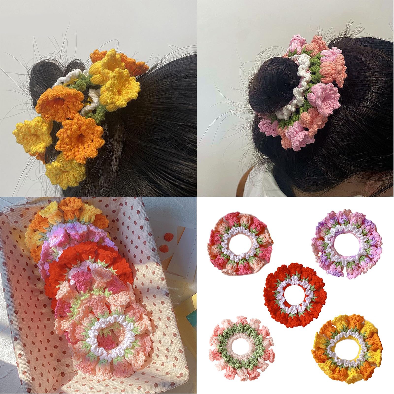 4 Fasce Per Capelli All'Uncinetto Con Fiori - Foulard In Cotone Per Capelli Sottili E Ricci, Colori Verde, Rosa, Blu, Beige - 2