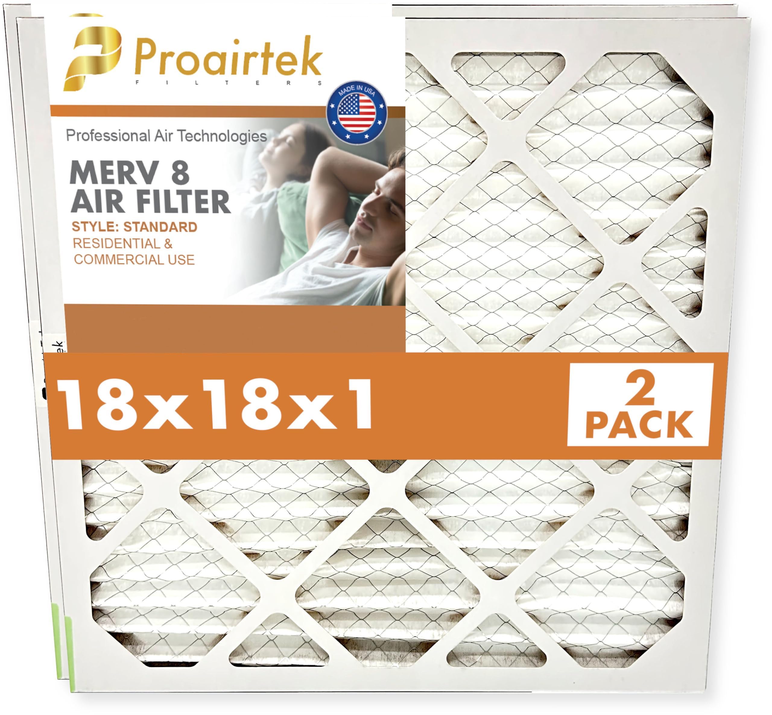 Proairtek AF18181M08SWH Modelo 18x18x1 Pack de 2 filtros de aire, MERV 8; ideal para cualquier persona que desee aire limpio y nítido en su hogar; captura partículas microscópicas transportadas por el