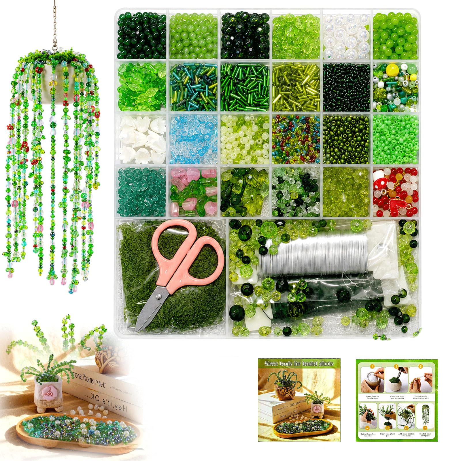 5422Pcs Green Beaded Plant Kit, Suncatcher Beads Plant Kit Green Leaf Beads for Plants Making, Glass Beads Suncatchers for Windows with Instruction, Plants Beads for Beginner Making DIY Craft