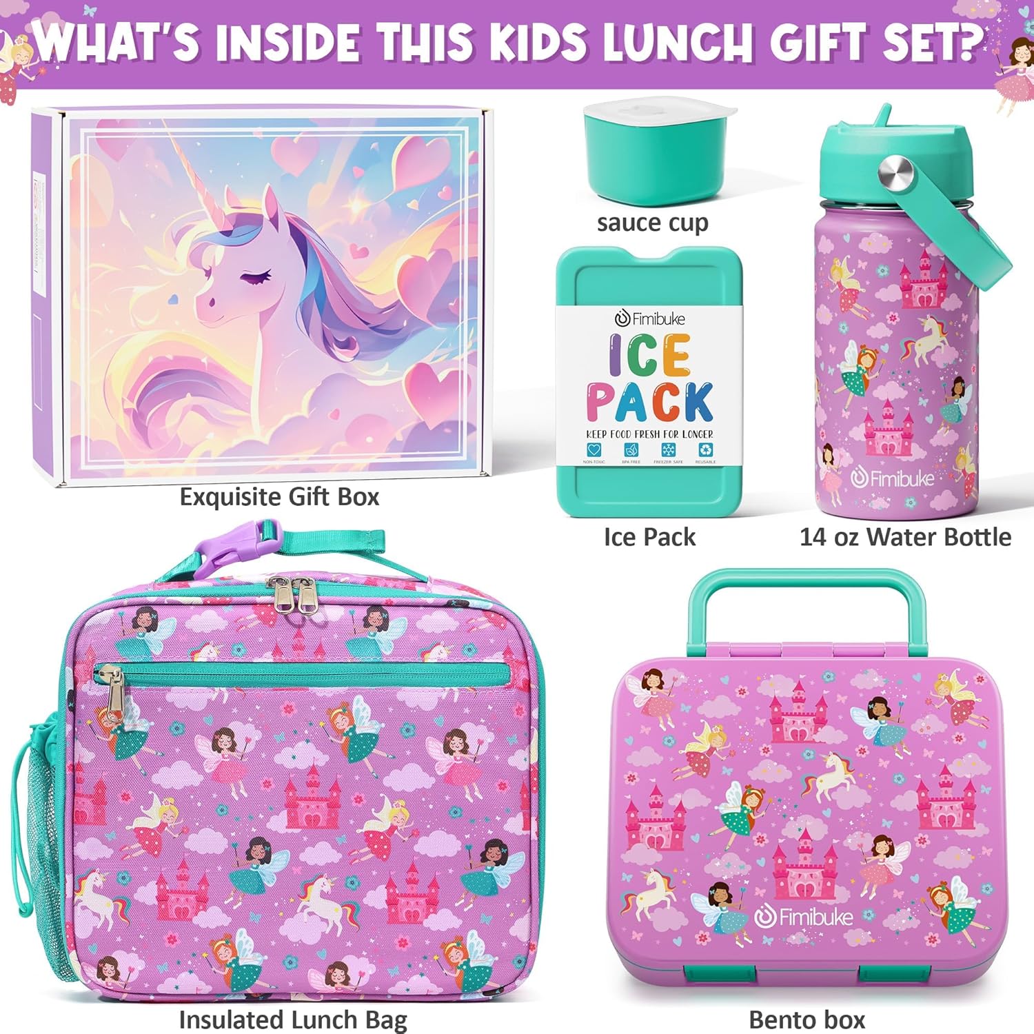 Fimibuke Bento Lunch Box for Kids - Toddler Snack Bento Box Container with 3 Compartments, Stainless Steel Water Bottle, Insulated Lunch Bag, Ice Pack Set for Ages 3-12 Girl Boy Daycare Back to School - Image 2