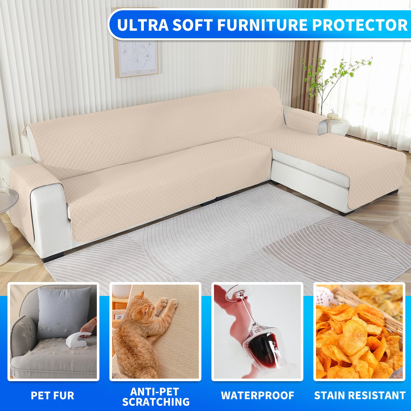Impermeabile Copridivano 3 Posti Con Penisola, Chaise Longue Angolare, Antimacchia, Universale, Copridivano Penisola L Sinistra/Destra, Beige