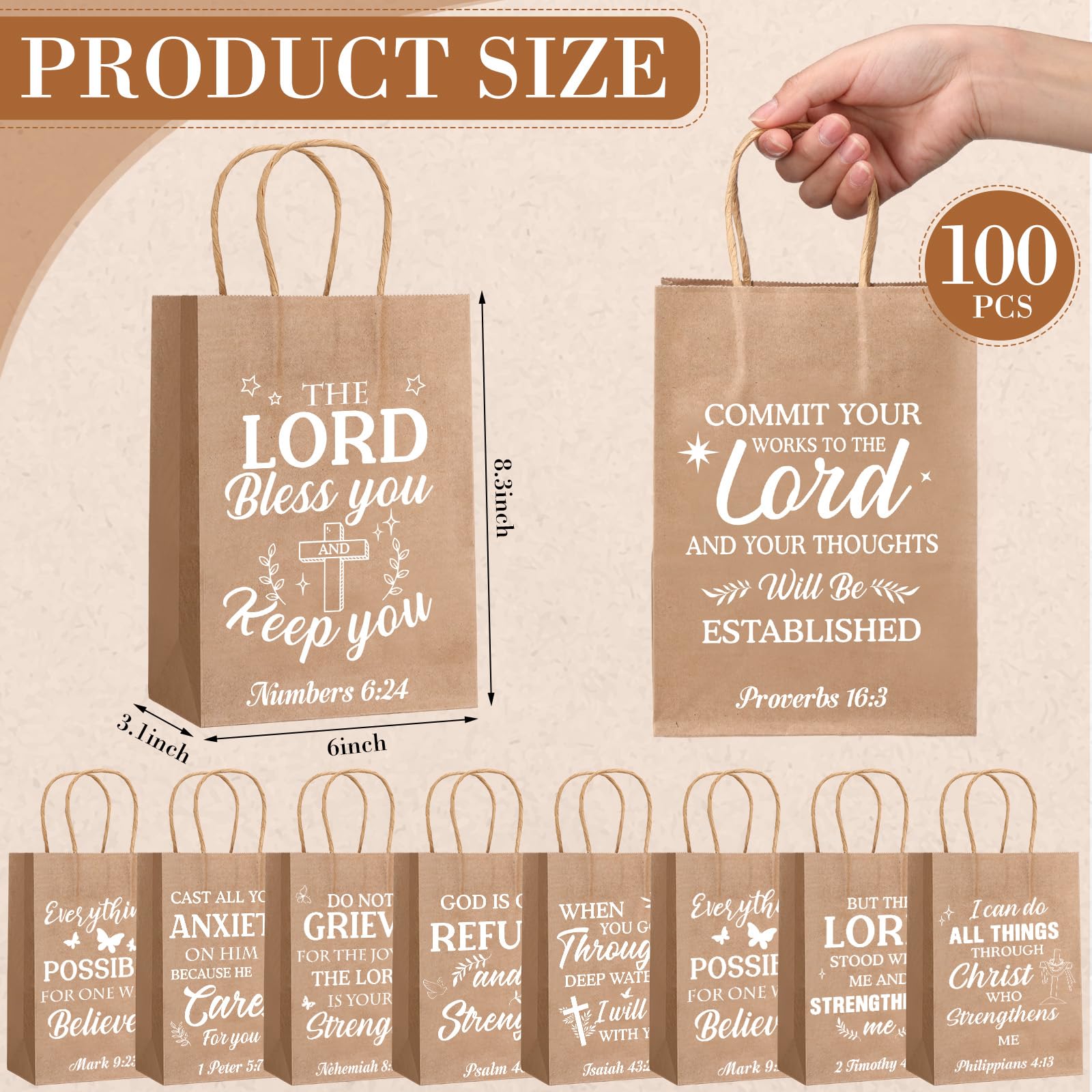 Chiisong 100 Pcs Christian Gift Bags, Fathers Day Religious Bible Verse Treat Bags with Handles Inspirational Church Scripture Bag for Women Wedding Baptism Birthday Party Favor(Kraft with White)