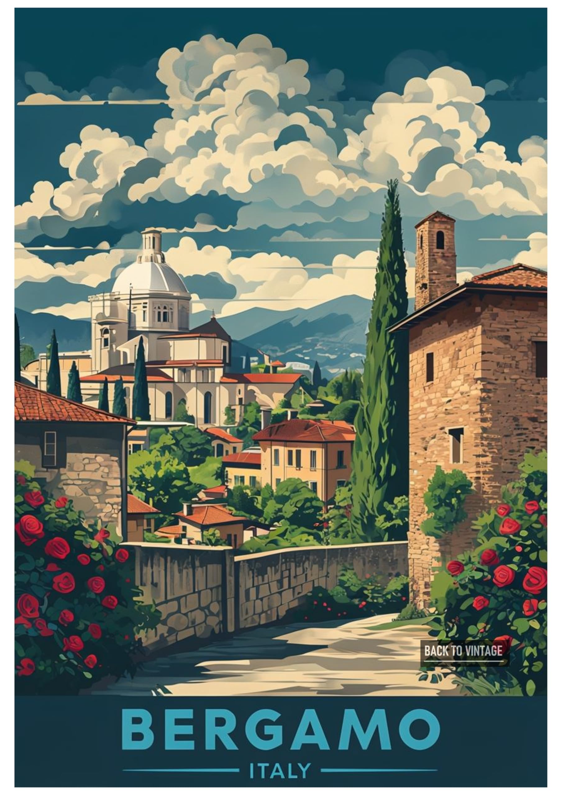 Back To Vintage Multicoloured Vintage Travel Poster Illustration Of Scenic Bergamo Italy - Retro Europe Travel Poster A4 Size Vintage Wall Art Print Of Famous European Destinations Ideal For Home Or Office Decor