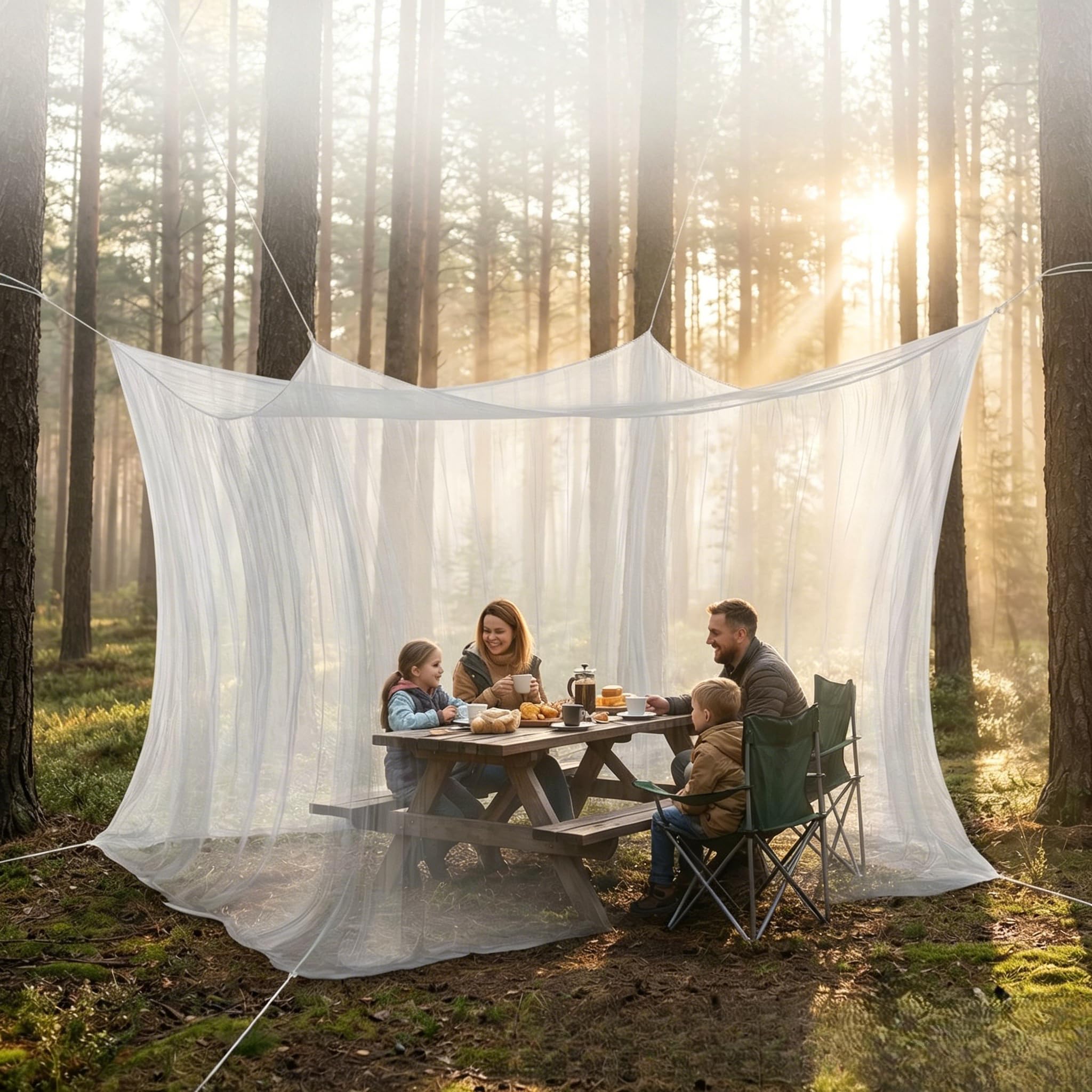 Zanzariera 300 x 300 x 250 cm, per esterni, viaggi, campeggio, rete fine 256, con corda lunga 16 m e 1 porta, zanzariera per gazebo, giardino, casa (bianco)