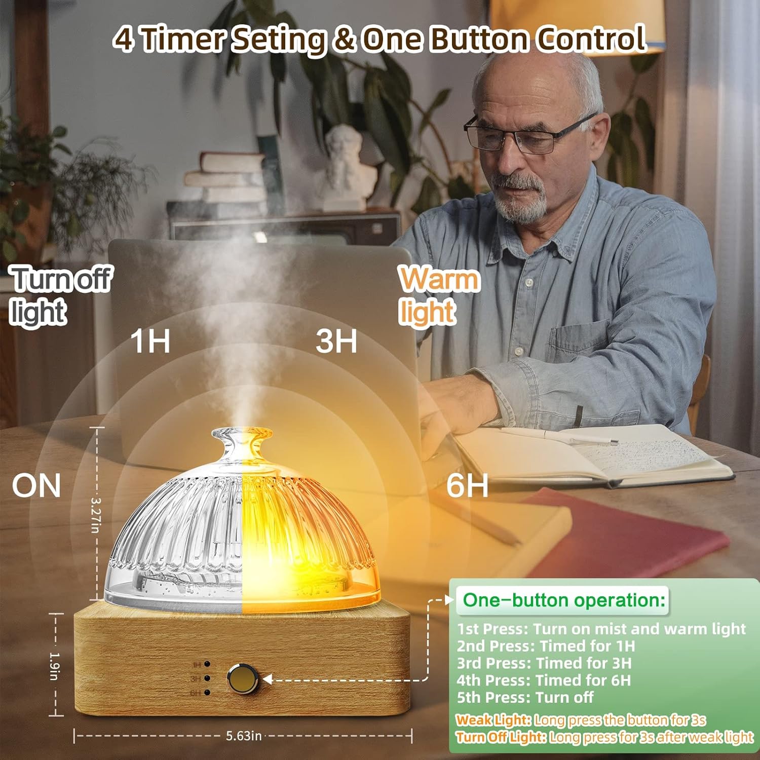 Glass Essential Oil Diffuser 200ml All Glass Reservoir Wood Base Dusk