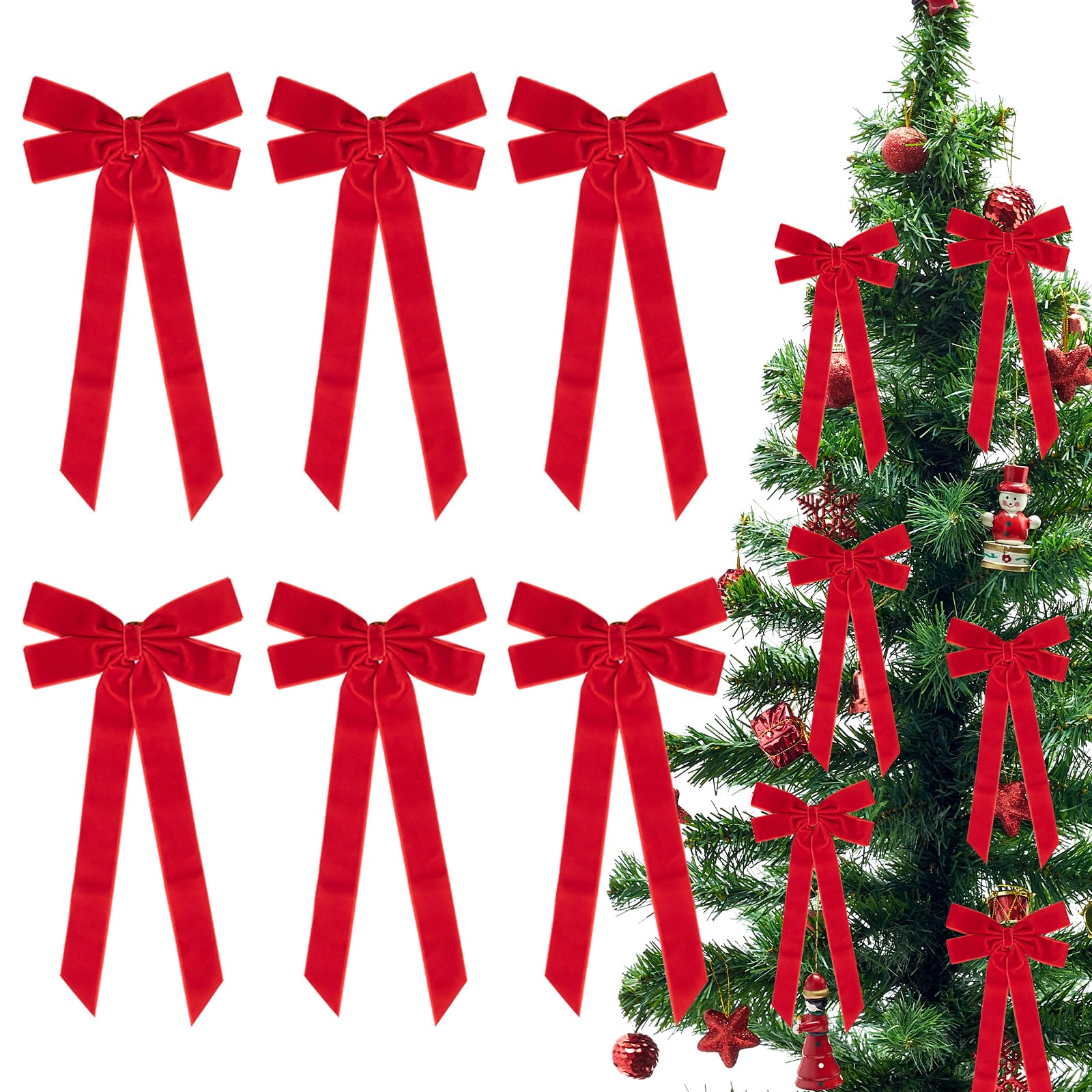 Red Velvet Bows with Twist Ties for Christmas Tree Decorations, Christmas Tree Bows Decorative Xmas Decor Wreath Ornament F4-SDHDJZS (Red)