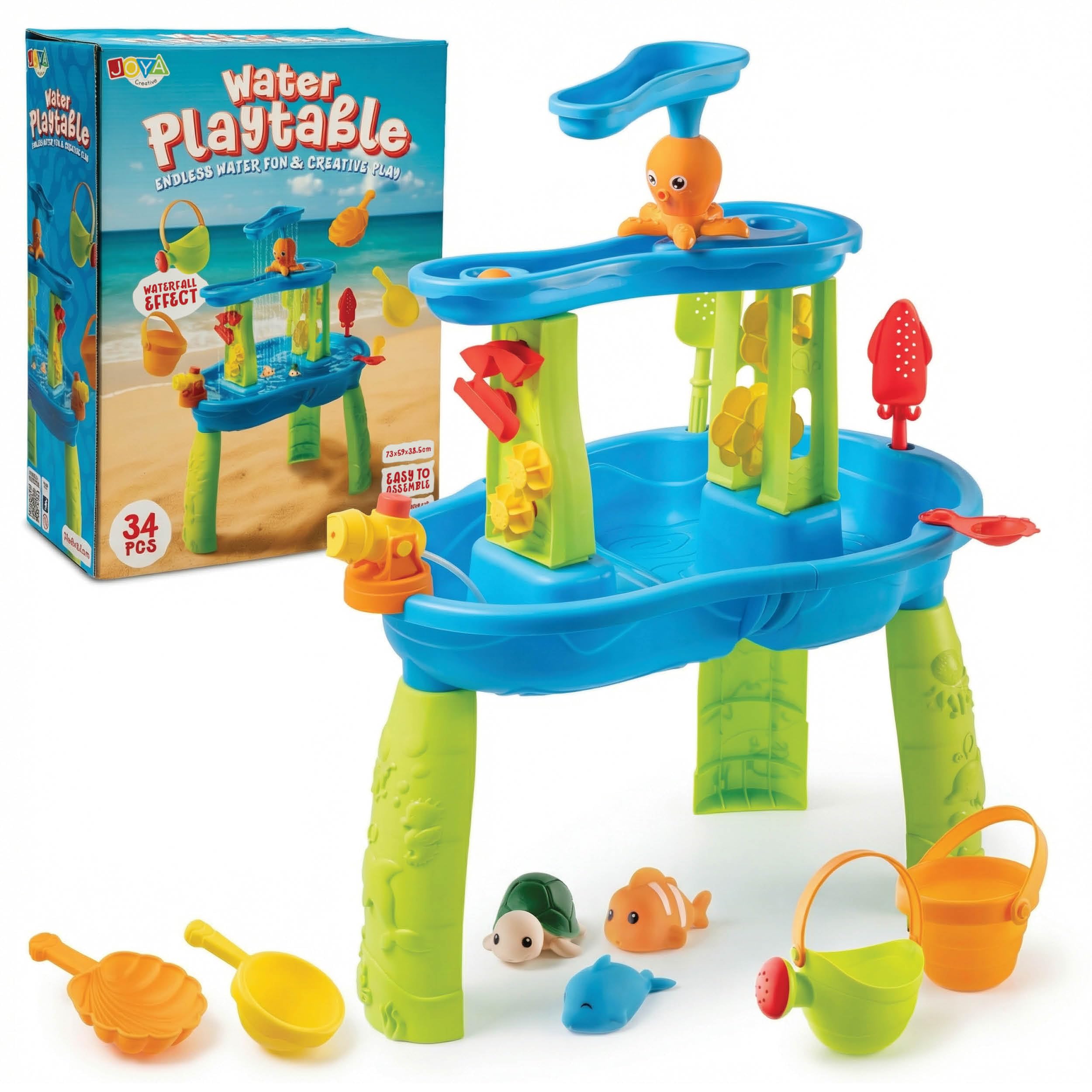 Tavolo ad acqua per ragazzi – Blu e Verde – Tavolo da gioco ad acqua – Set di 34 accessori – Effetto cascata – Dimensioni 59 x 38,5 x 73 cm – Tavolo attività con acqua per esterni e G