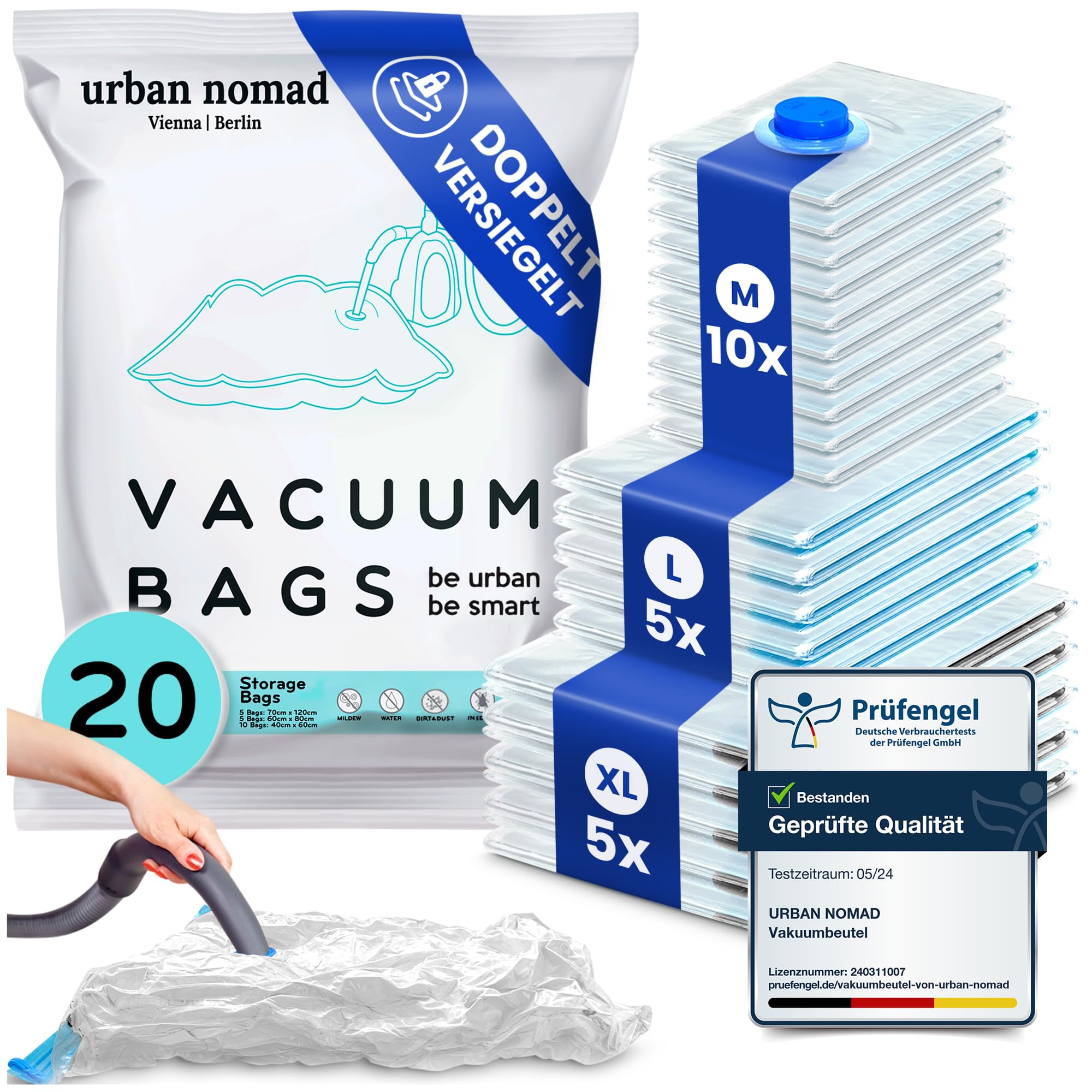 Vakuumbeutel Kleidung 20er Set 3 Größen - Vakuum Beutel für Staubsauger Wiederverwendbar 100% Dicht & Robust | Reise Kompressionsbeutel Kleiderbeutel Aufbewahrungsbeutel Vakuumtüten Kleidersack XL