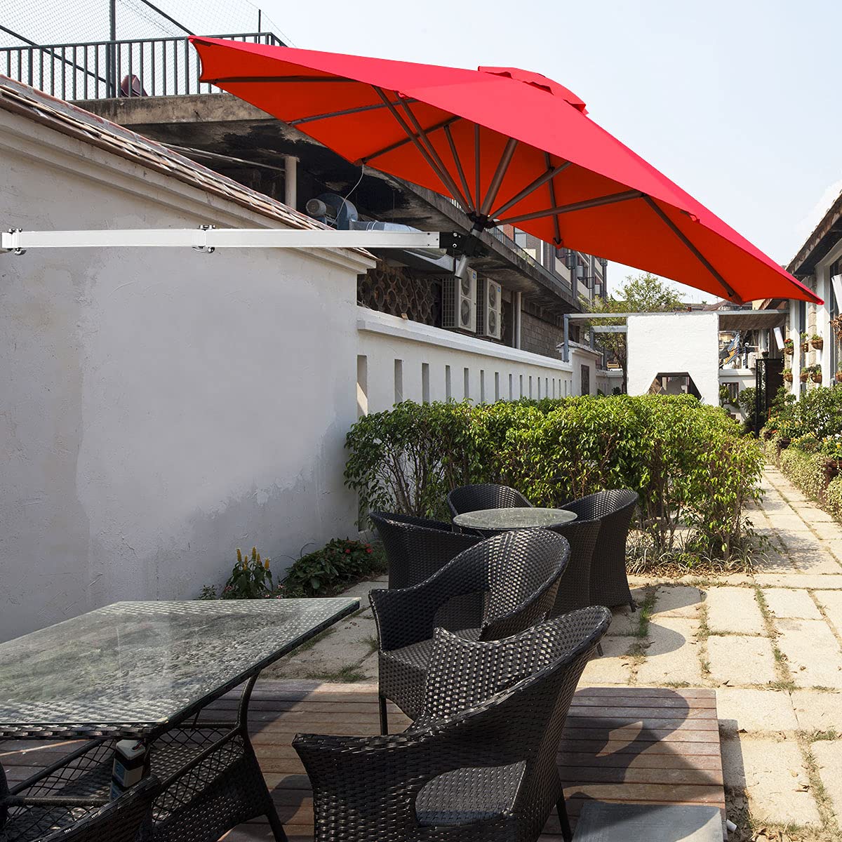COSTWAY Ombrellone da Parete 250 cm, Ombrellone da Muro per Giardino con Angolo Regolabile, Parasole Esterno Pieghevole Anti UV, per Giardino, Balcone e Cortile (Rosso)