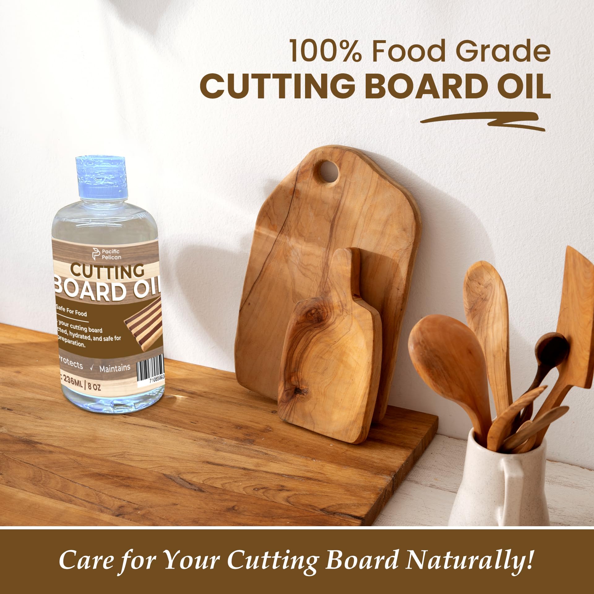 Pacific Pelican 100% Food Grade Cutting Board Oil - Food-Grade Wood Conditioner for Protecting and Hydrating Kitchen Tools (8 Oz)