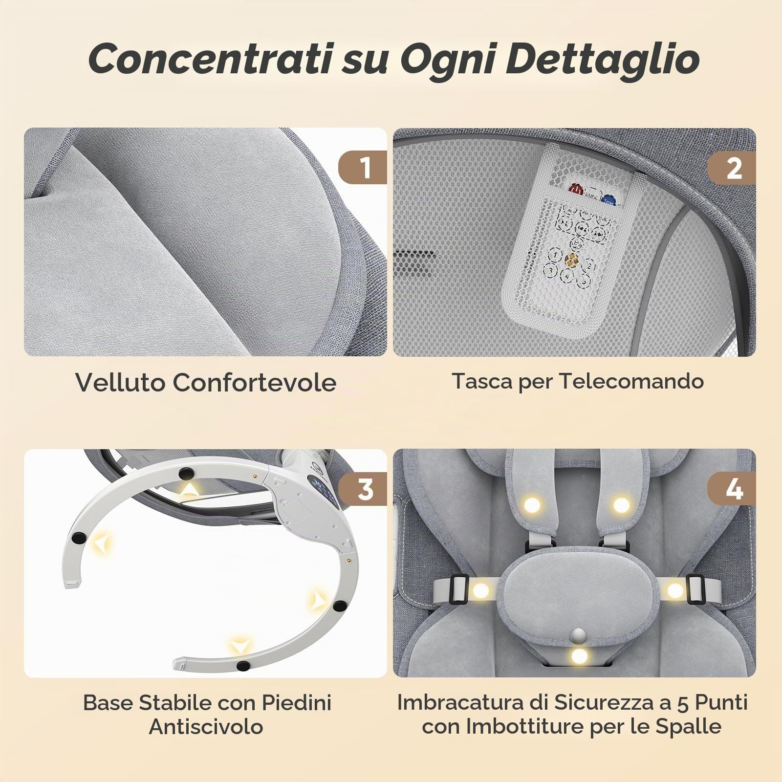 Sdraietta Neonati Elettrica, Dondolo Automatico con Schienale 3 Posizioni | 5 velocità, 12 melodie rilassanti, timer 8/15/30 min, telecomando, cuscino rimovibile, 3 alimentazioni