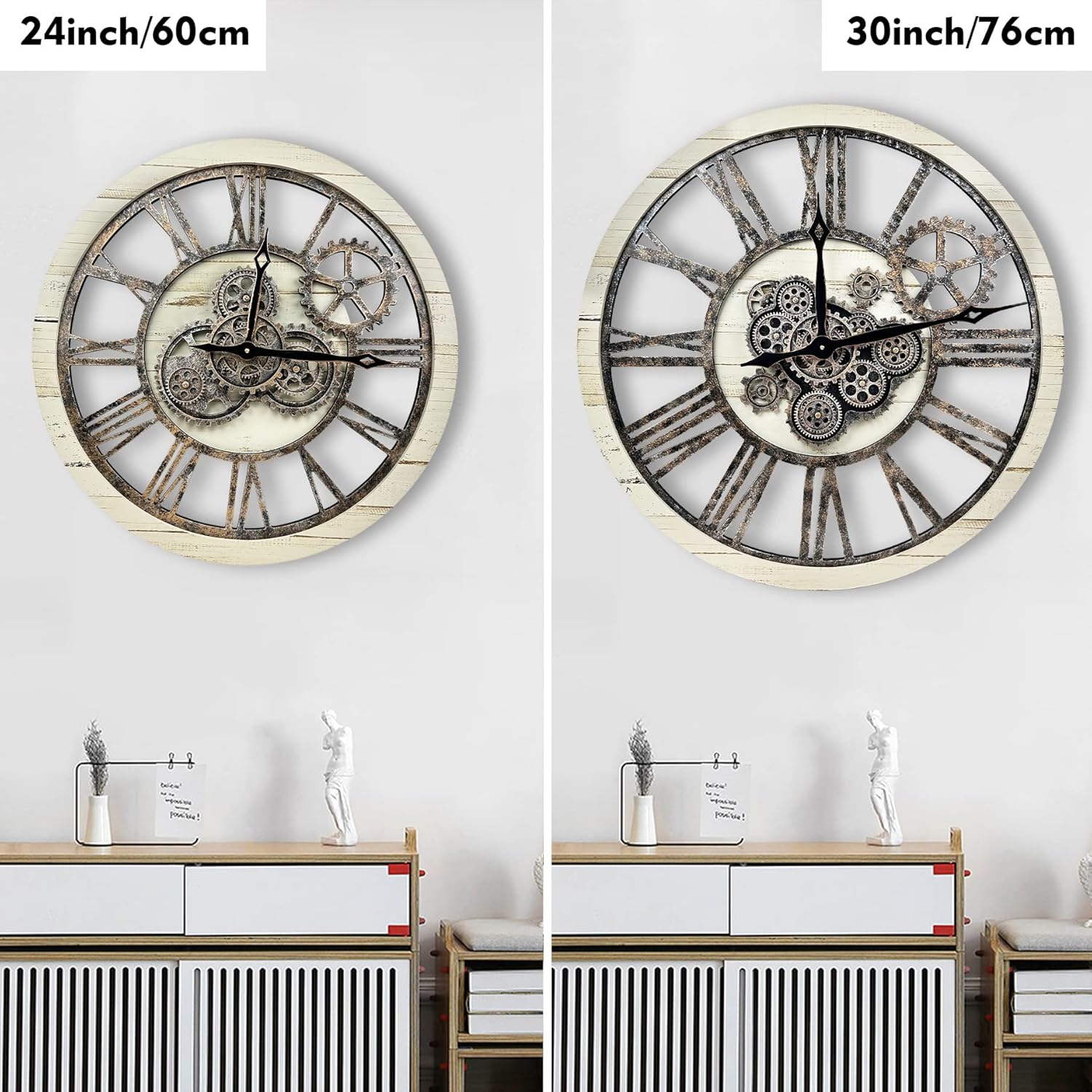 The B-Style Large Real Moving Gears Wall Clock 30 inch Rustic Retro Industrial Farmhouse Wood Clock Oversized Decorative Vintage Wall Clocks for Living Room (Desert Beige and Bronze)