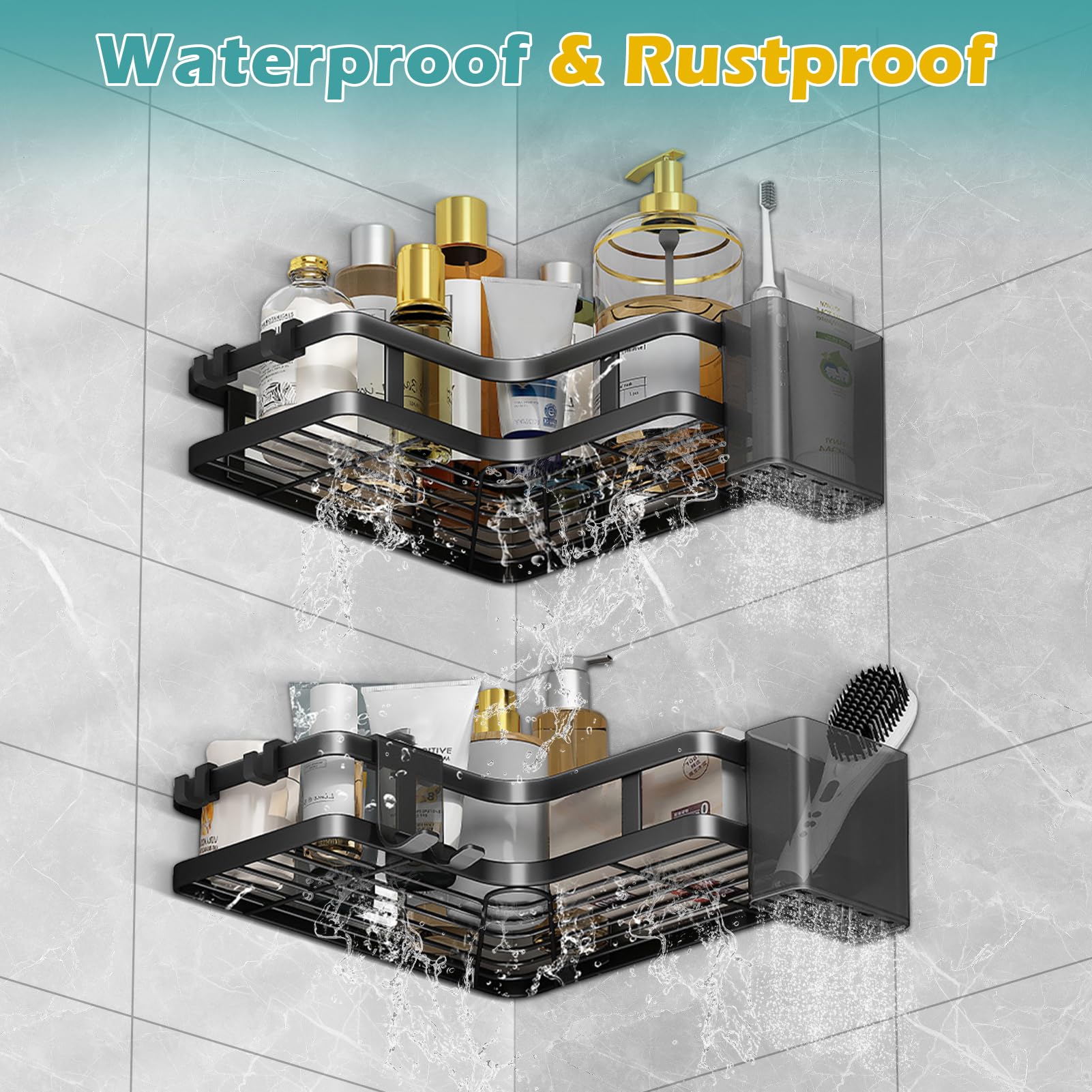 Mensola Doccia Senza Foratura 2 Pezzi - Nero, Acciaio Inox, 8 Ganci, Adesiva, Impermeabile - Foto 2