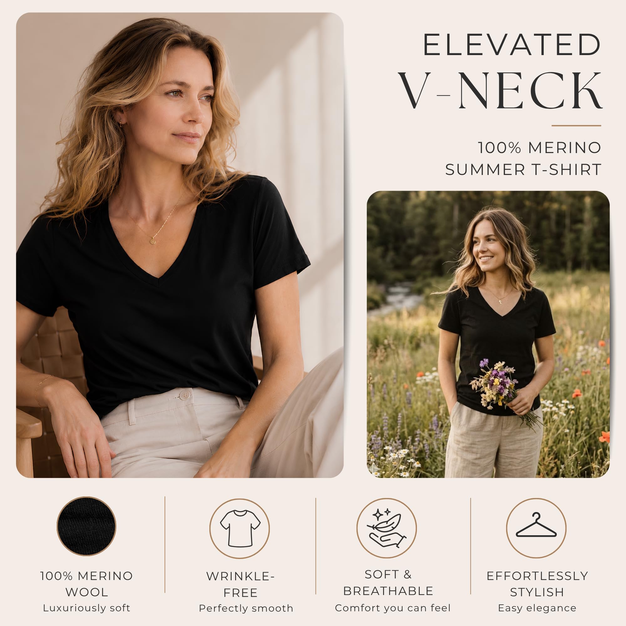 menique Maglietta da donna in 100% merino, a maniche corte, girocollo, protezione dai raggi UV, UPF 35, leggera, traspirante, termica, estiva, per escursionismo, corsa, fitness