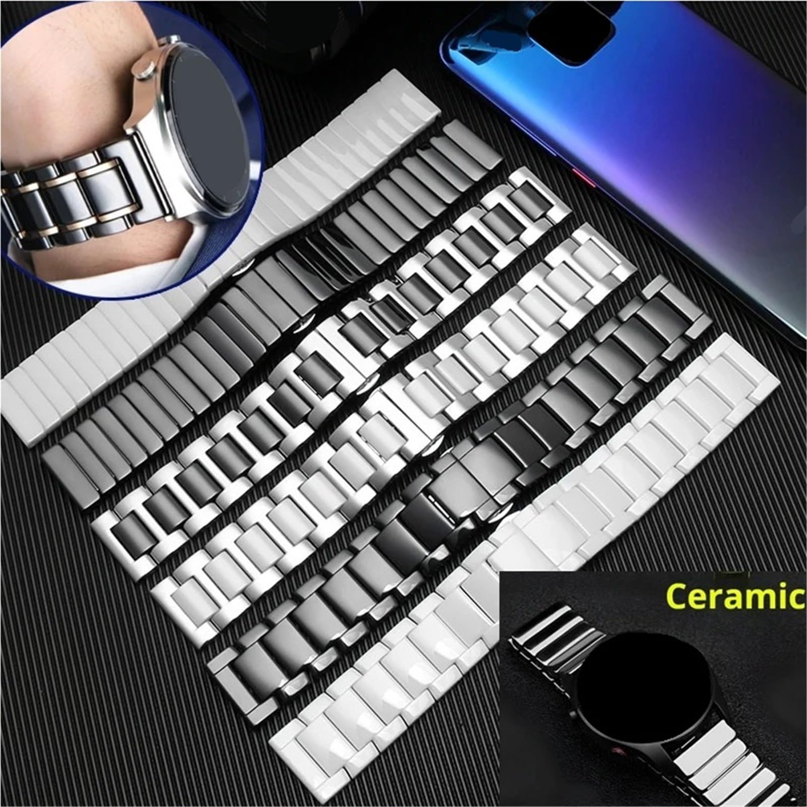 Ceramiczna stalowa bransoletka Mężczyźni Kobiety Pasek do smartwatcha z szybkim zwalnianiem 20 mm 22 mm Czarny