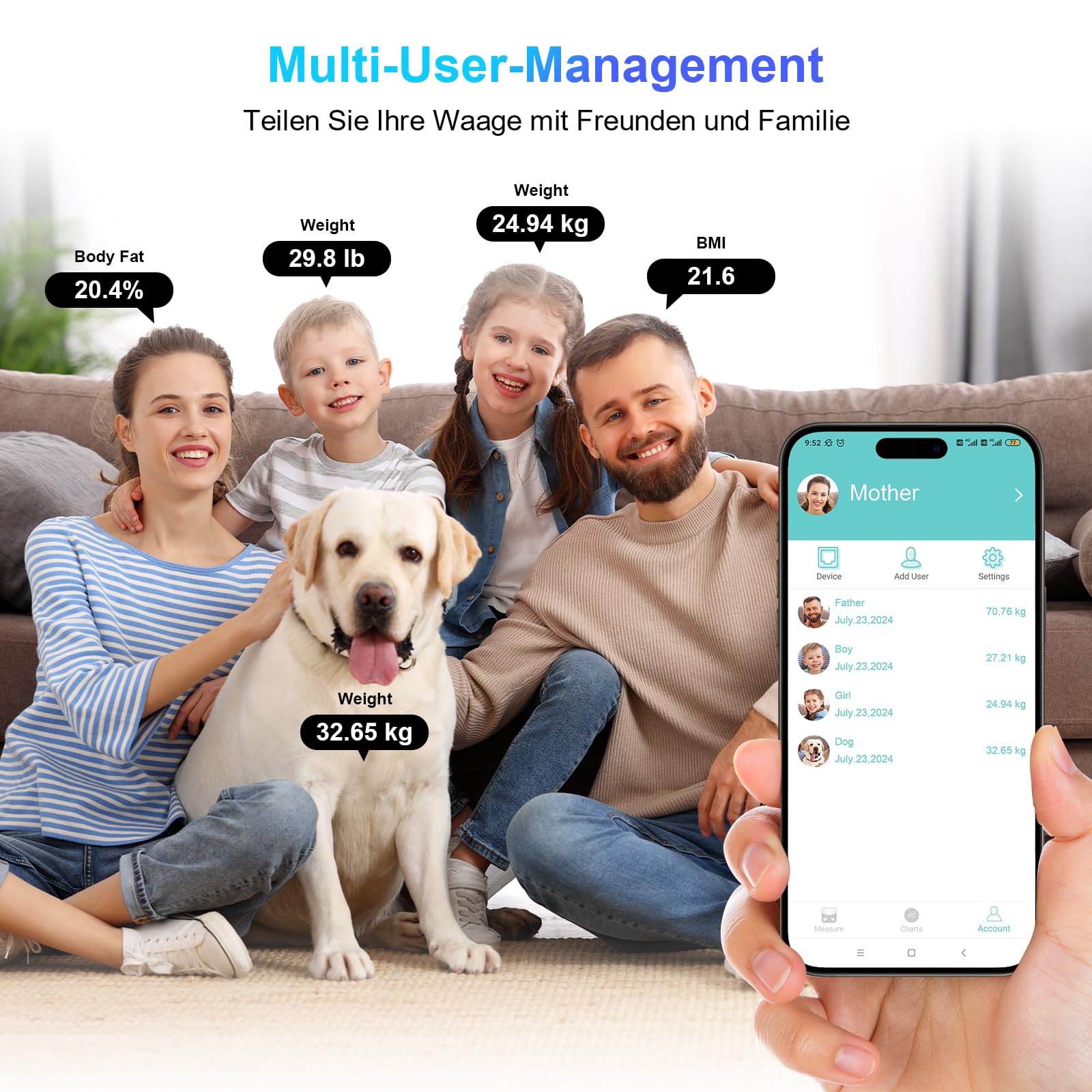 Körperfettwaage, Bluetooth Personenwaage mit App, Smart Digitale Waage für Körperfett, BMI, Gewicht, Muskelmasse, Wasser, Protein, Skelettmuskel, Knochengewicht, BMR, Schwarz
