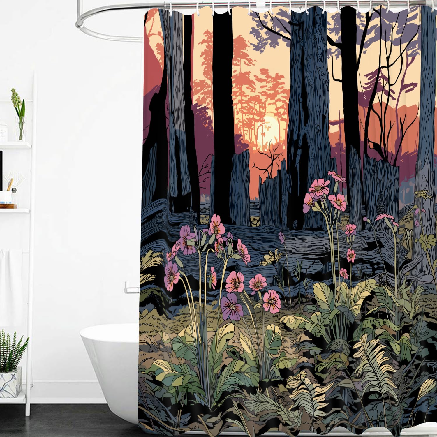 Cortina de Ducha con Diseño de Bosque y Atardecer,con Flores Rosas y Moradas Al Atardecer,para Mujer,Fácil de Instalar y Lavable a Máquina,con Ganchos de Plástico,200Anx200Alcm (1 Panel).
