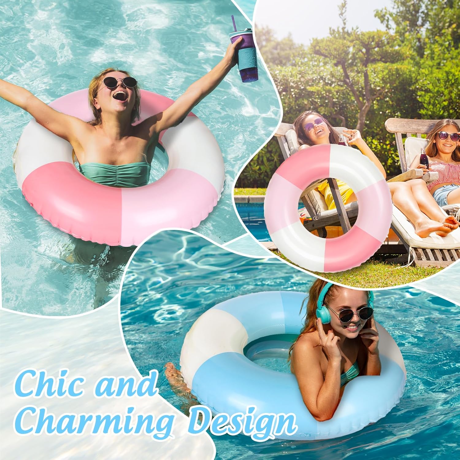 JarThenaAMCS 2Pcs Inflatable Pool Float Retro Striped Swim Rings Swimming Pool Tubes
