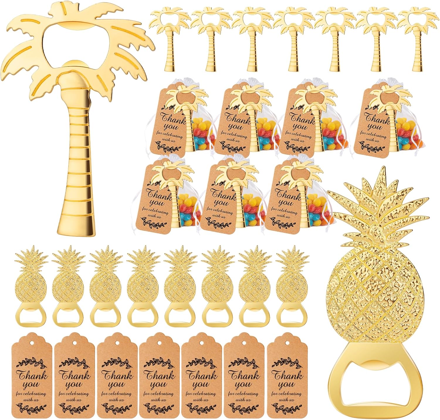 VZCBZC 24 Pieces Coconut Tree and Pineapple Bottle Opener Set Hawaiian Party Favors for Guests, Wedding Favors for Guests Bulk Tropical Beach Party Decorations with Gift Bags and Thank You Card