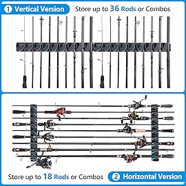 PLUSINNO 4 Pack Vertical Fishing Rod Rack, Wall Mounted Fishing Rod holder, 4 Packs Fishing Pole Holders Hold Up to 36 Rods or Combos, Fishing rod holders for garage, Fishing Gear and Gifts for Men