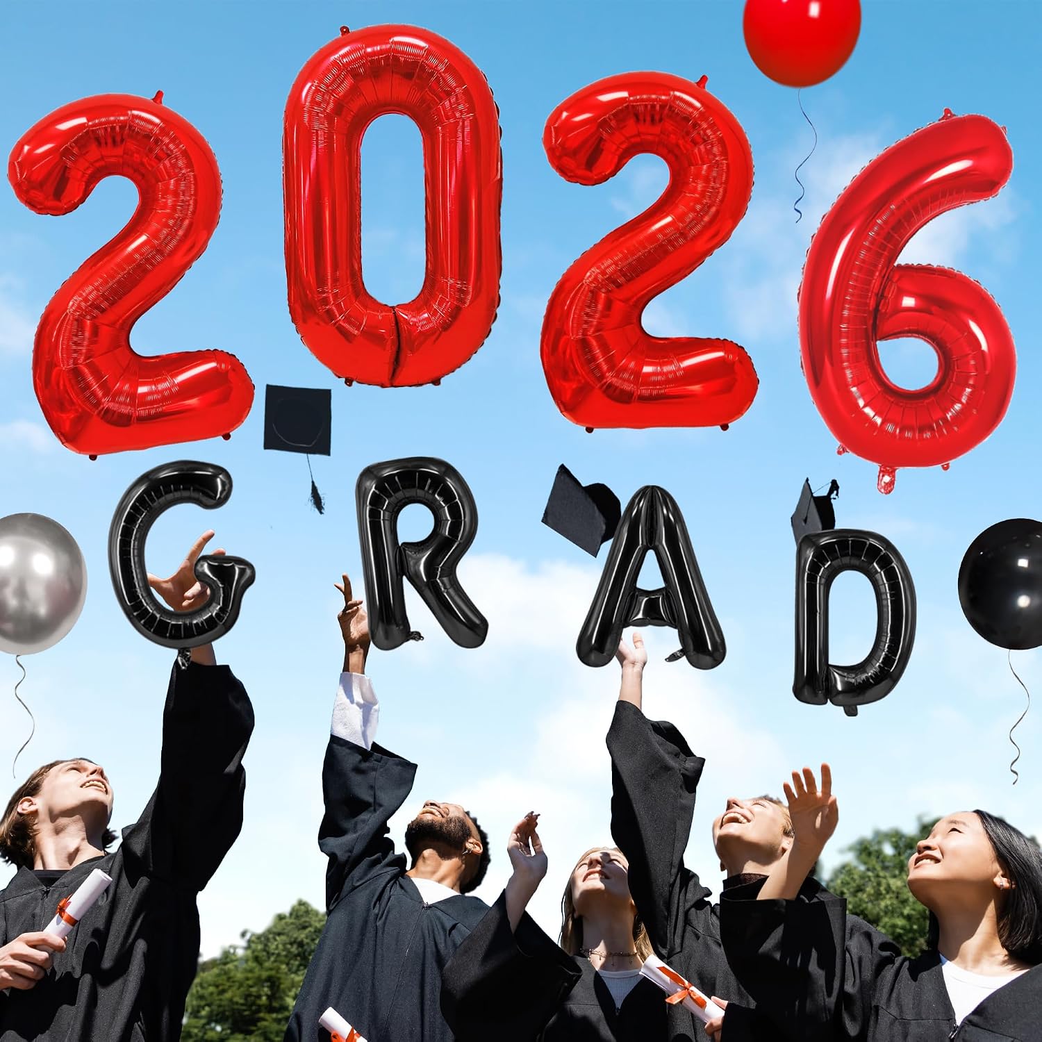 Party Spot！2026 Red and Black Graduation Party Decorations,124 PCS Graduation Decorations Class of 2026,4 PCS Balloons Boxes with LED Light String & Letters 2026 GRAD So Proud of You
