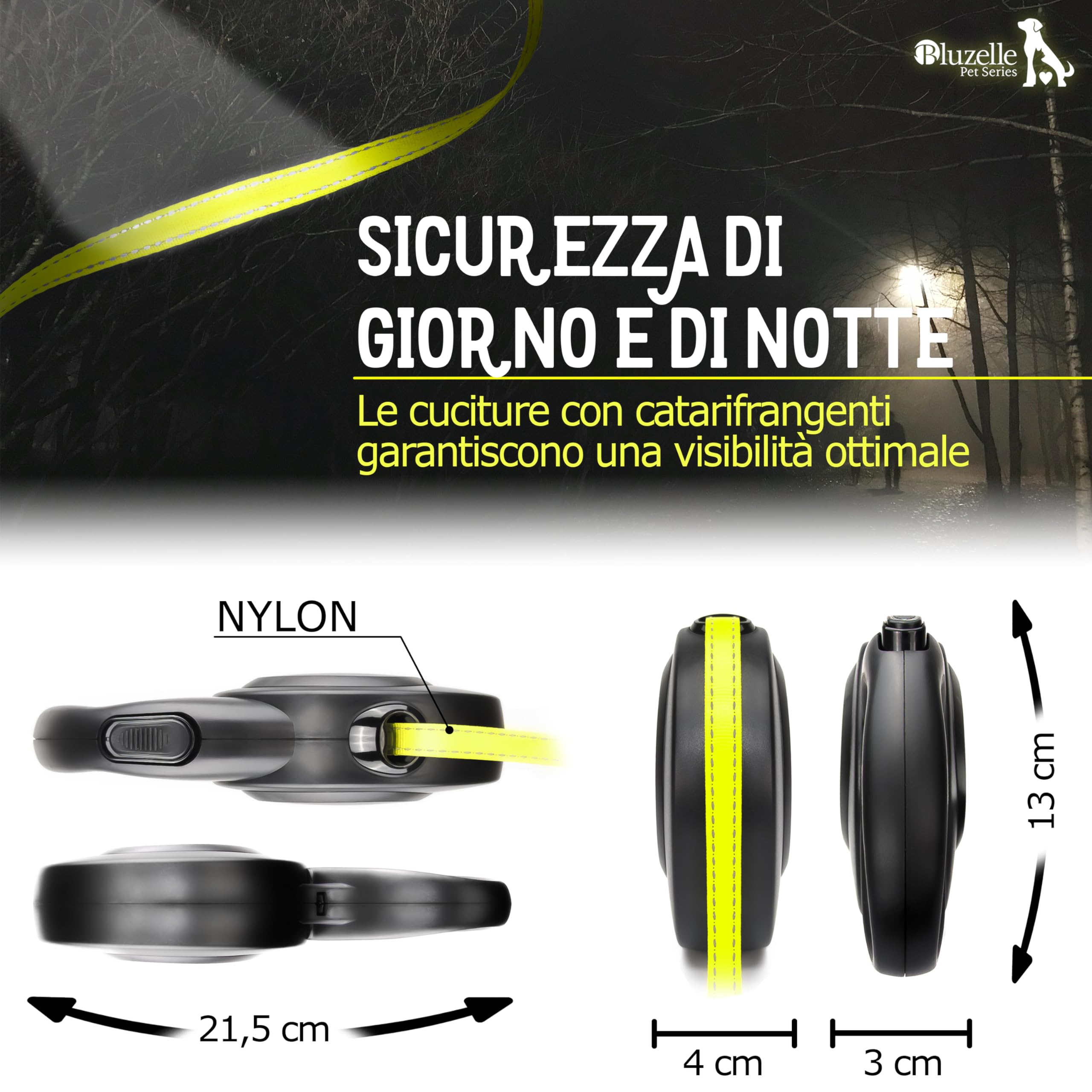 8m Guinzaglio per Cani per Cane Taglia Grande Fino a 50 kg, Giallo Neon Brillante Cinghia con Gancio a Scatto a 360° in Metallo, Freno di Ritrazione, Impugnatura Ergonomica Gommata, Nero