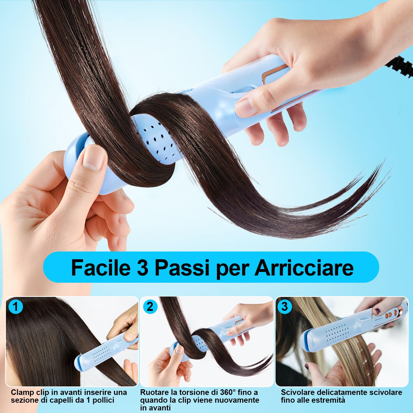 Piastra Capelli con Aria Fredda & ionica, 5 Temp. 140–220 °C | Piastra arricciacapelli 2-in-1, corpo termoprotetto, piastre ceramica tourmalina, 110-240V, cavo 2 m, cavo girevole a 360°