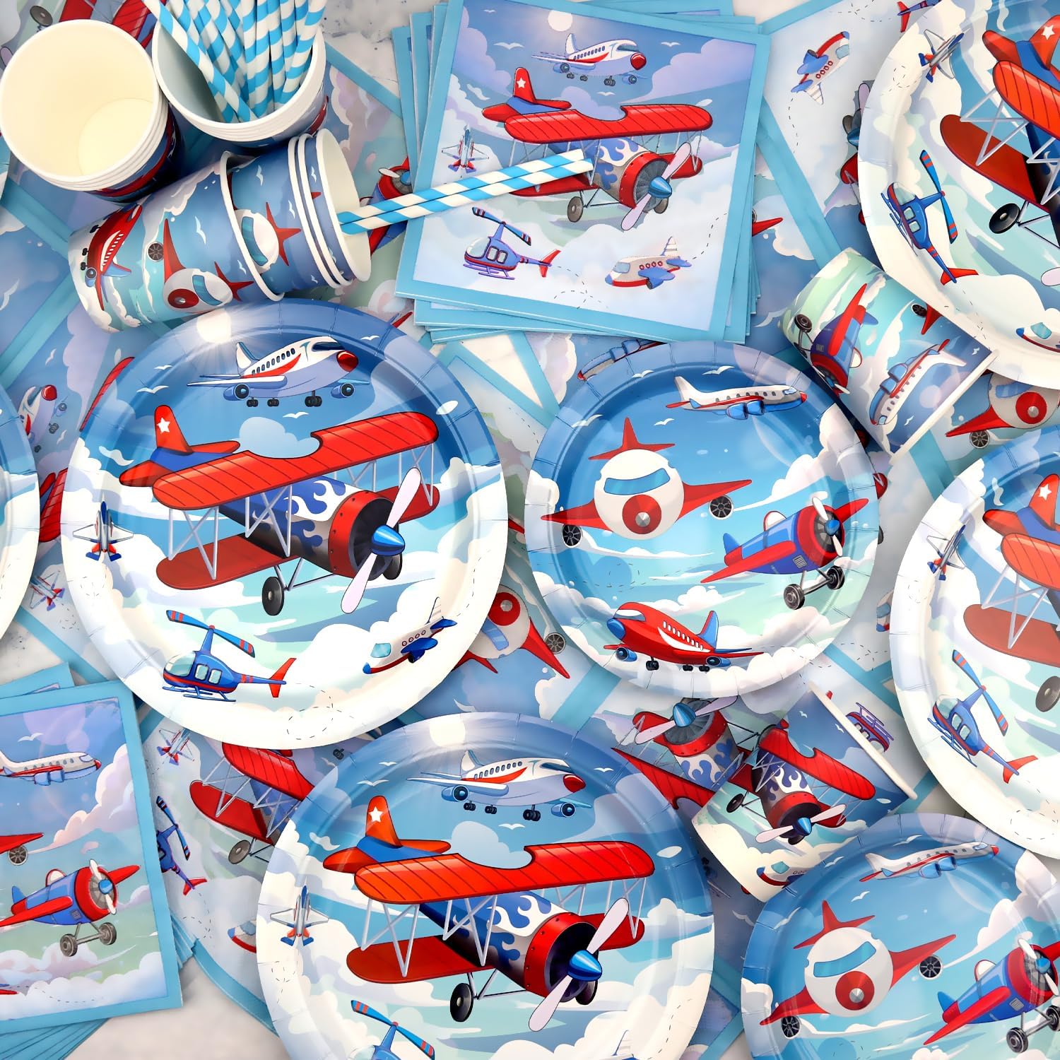 Airplane Party Tableware - Dinner Plates, Desserts Plates, Cups, Napkins, Tablecover, Straws for Plane Theme Party, Baby Shower Supplies - Serves 20 (20) - Image 5