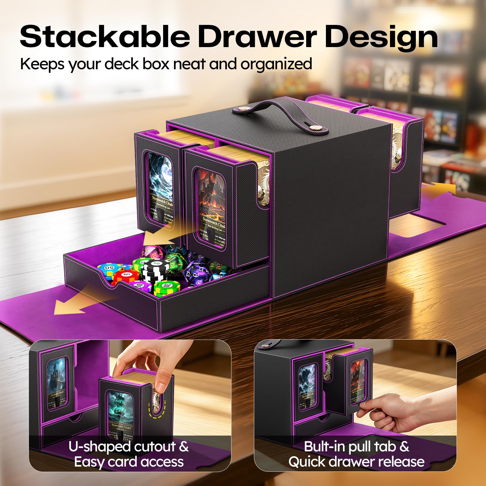 Cortile Commander - Caja de mazo para MTG, funda modular de 4 barajas con bandeja de dados y asa, capacidad para más de 520 tarjetas de doble manga, caja de cartas mágicas con soportes magnéticos y