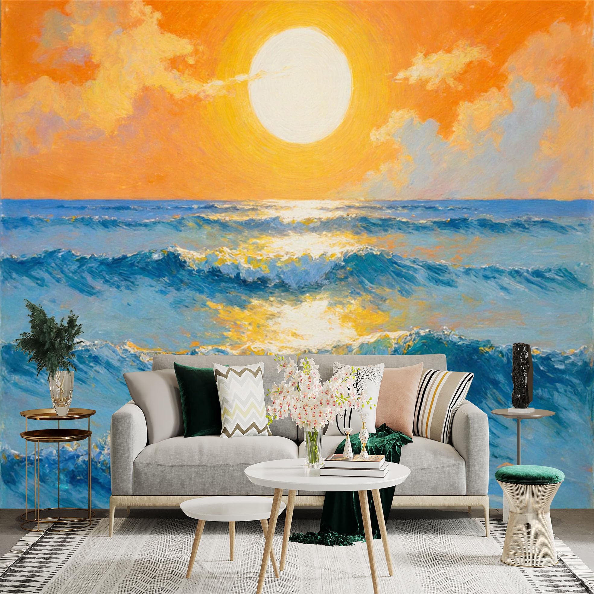 Lnzczhyre Xc260505057 Custom Size Wall Sticker Mural， Golden Sunset Over The Ocean， Vibrant Seascape Painting， Reflective Waves， For Wall Decoration， Peelandstick Wall Decals.