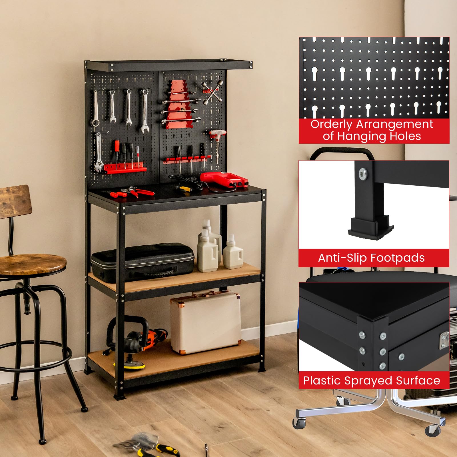 SOARS Établi Atelier Garage 81 X 41 X 156 CM, Rangement Outils en Métal en 2 Panneaux Perforé avec Kit de 14 Crochets, 2 Étagères, Charge 100 KG, pour Garage, Atelier (Noir+Rouge, 81 x 41 x 156 cm)