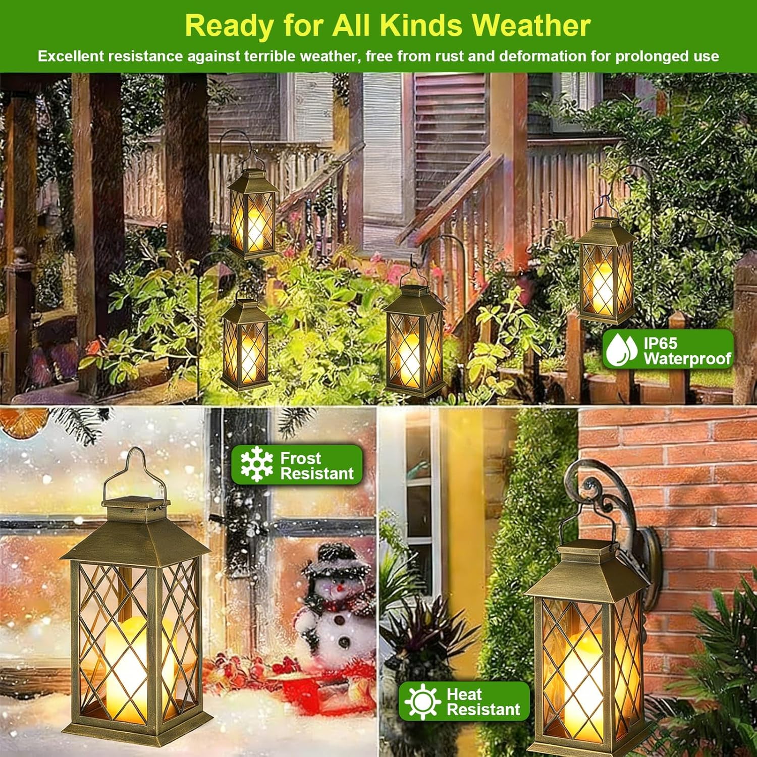 2 Pack 14" Large Tempered Glass Solar Lanterns Outdoor Waterproof, Hanging Solar Lights with Flickering Flameless Candles, Solar Lantern for Wall Porch Patio Table Garden Decoration-Bronze