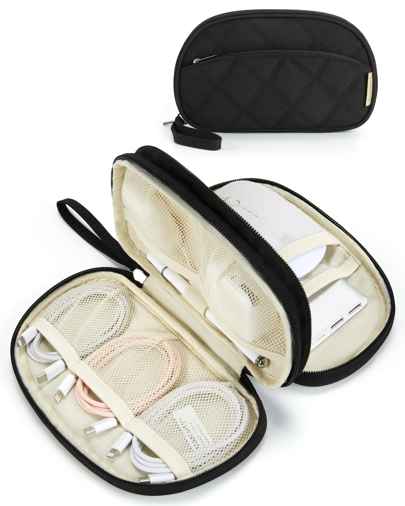 BAGSMART Travel Cord Organizer Electronics Case, Double Layers Puffer Cable Organizer Bag Travel Essentials for Women, Tech Organizer Case for Charger, Phone, Flash Drive - Black