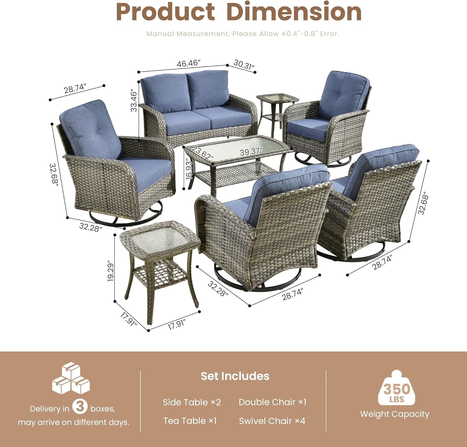 8 Pieces Outdoor Patio Furniture Sets with Swivel Rocking Patio Chairs and Loveseat Sofa Coffee Table All Weather Wicker Conversation Set for Deck Backyard Porch Poolside(Beige)