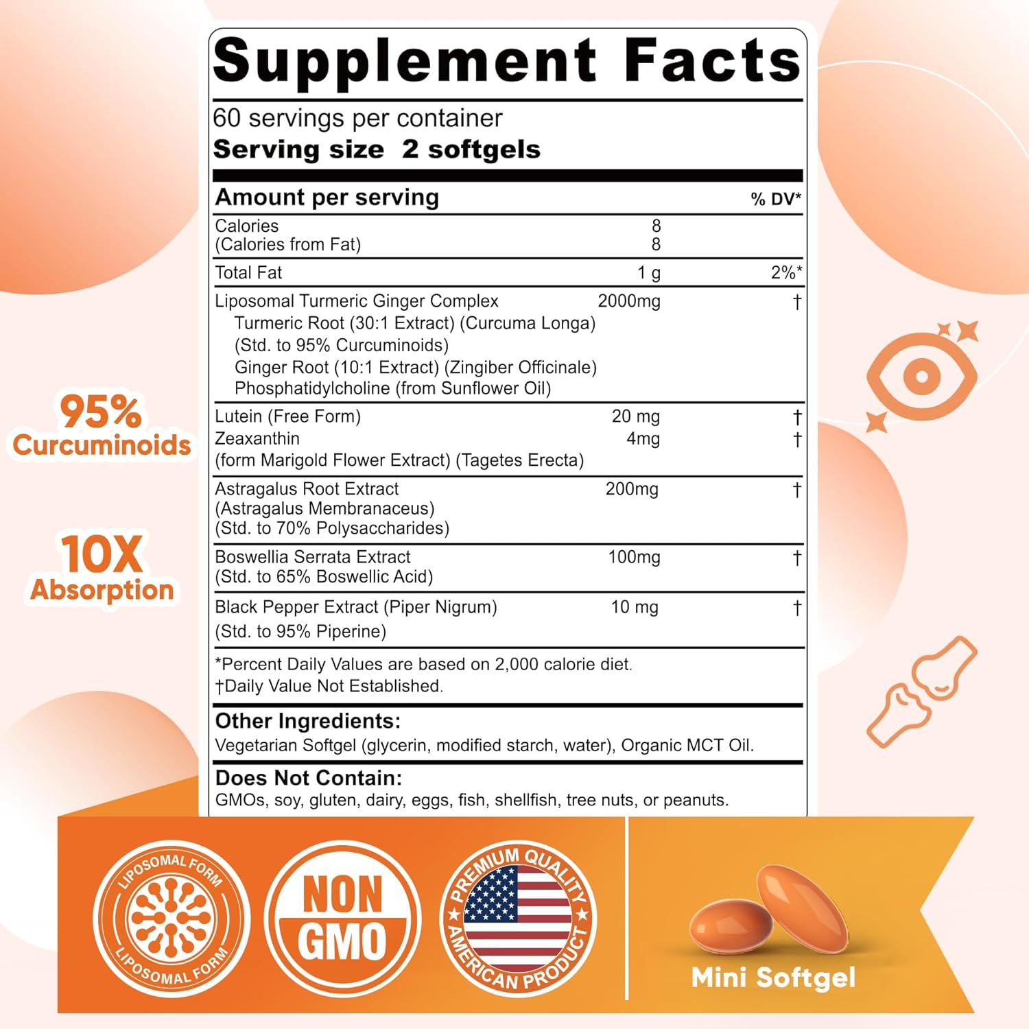 Liposomal Turmeric Curcumin and Ginger Supplement Softgels 2000mg, 95% Curcuminoids, Organic Turmeric Root Extract with Black Pepper for Superior Absorption, Plus Lutein Zeaxanthin, Non-GMO, 120 Pills - Image 2