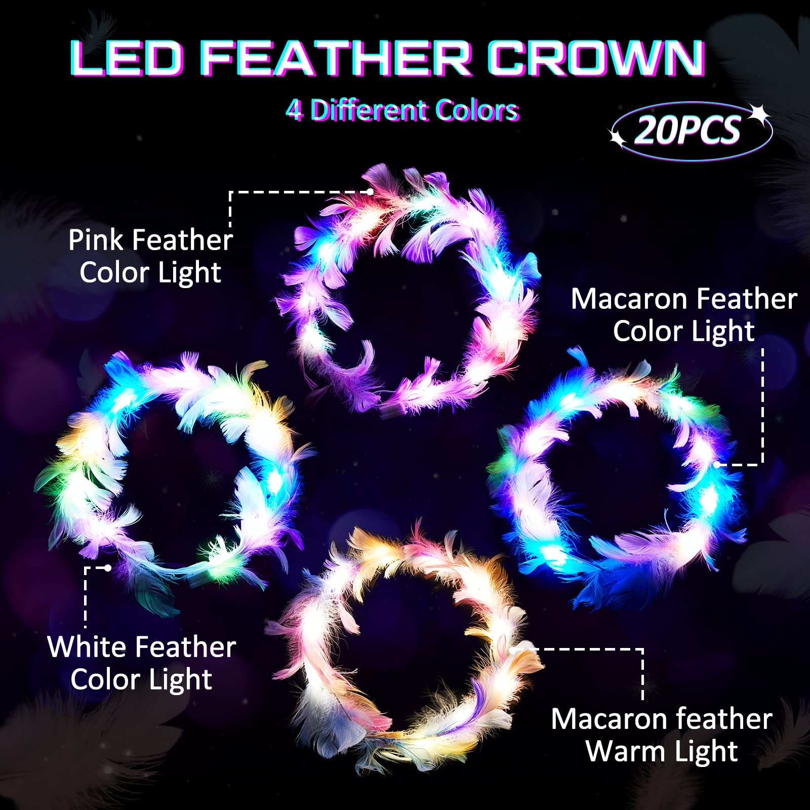 Earent LED Feather Headband Light Up Flower Crown Luminous Glowing Headbands 6 Pack LED Flower Crown Headband with Color Changing Lights  main image 3