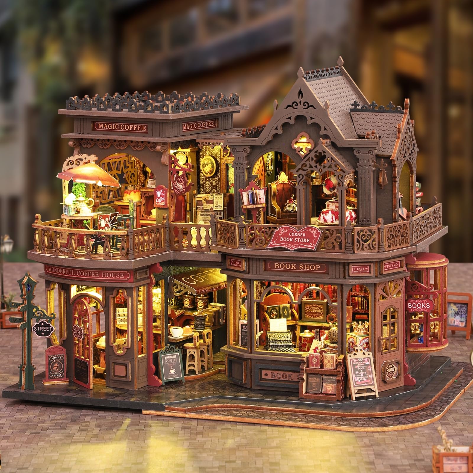 Kit fai da te per casa in miniatura con luce a LED, kit assemblato per decorare mensole, puzzle 3D in legno, piccolo angolo del libro, regalo creativo per adulti a Natale, Halloween