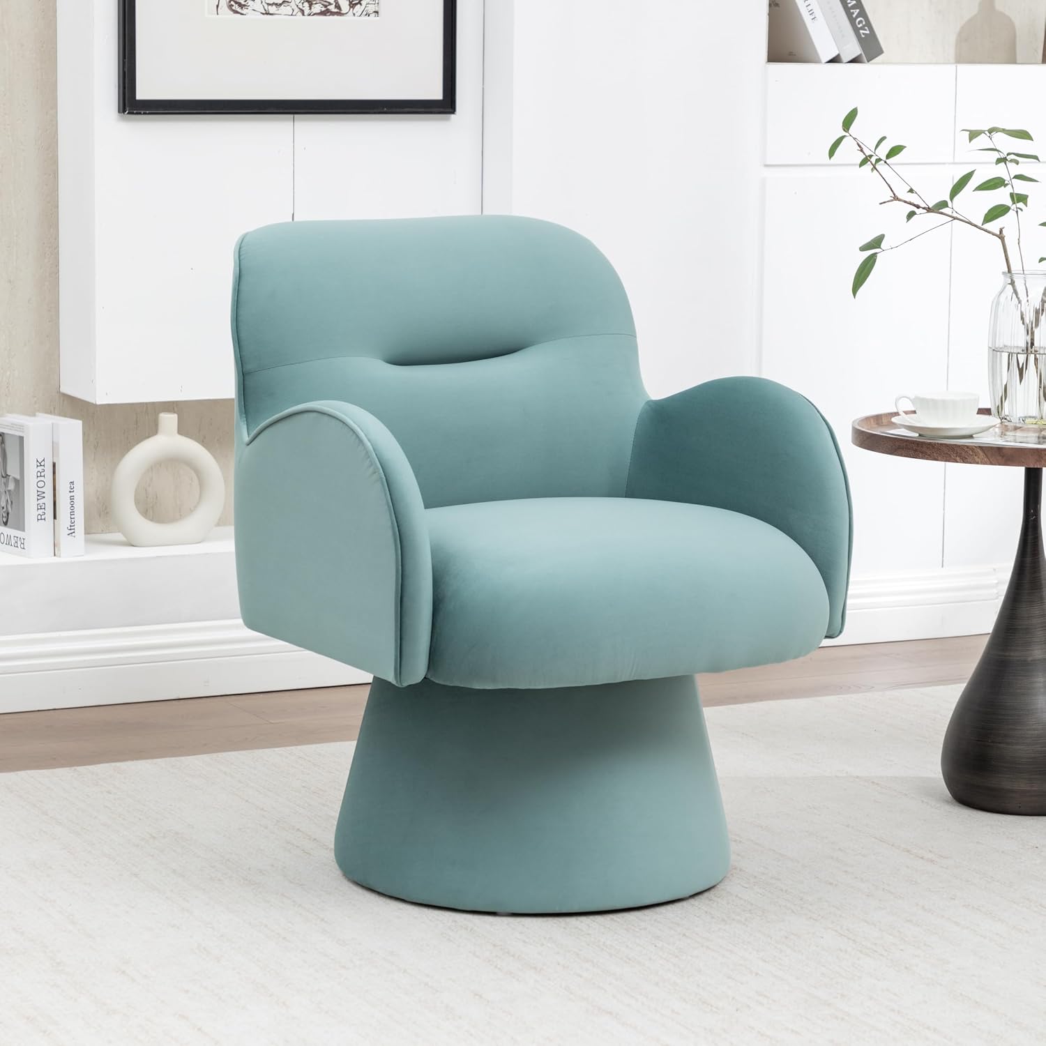Barrel Chair with Armrest 360 Modern Swivel Accent Chairs with Curve Back Soft Cushion Comfy Upholstered Round Arm Chair for Living Room Bedroom Reading Room, Light Blue