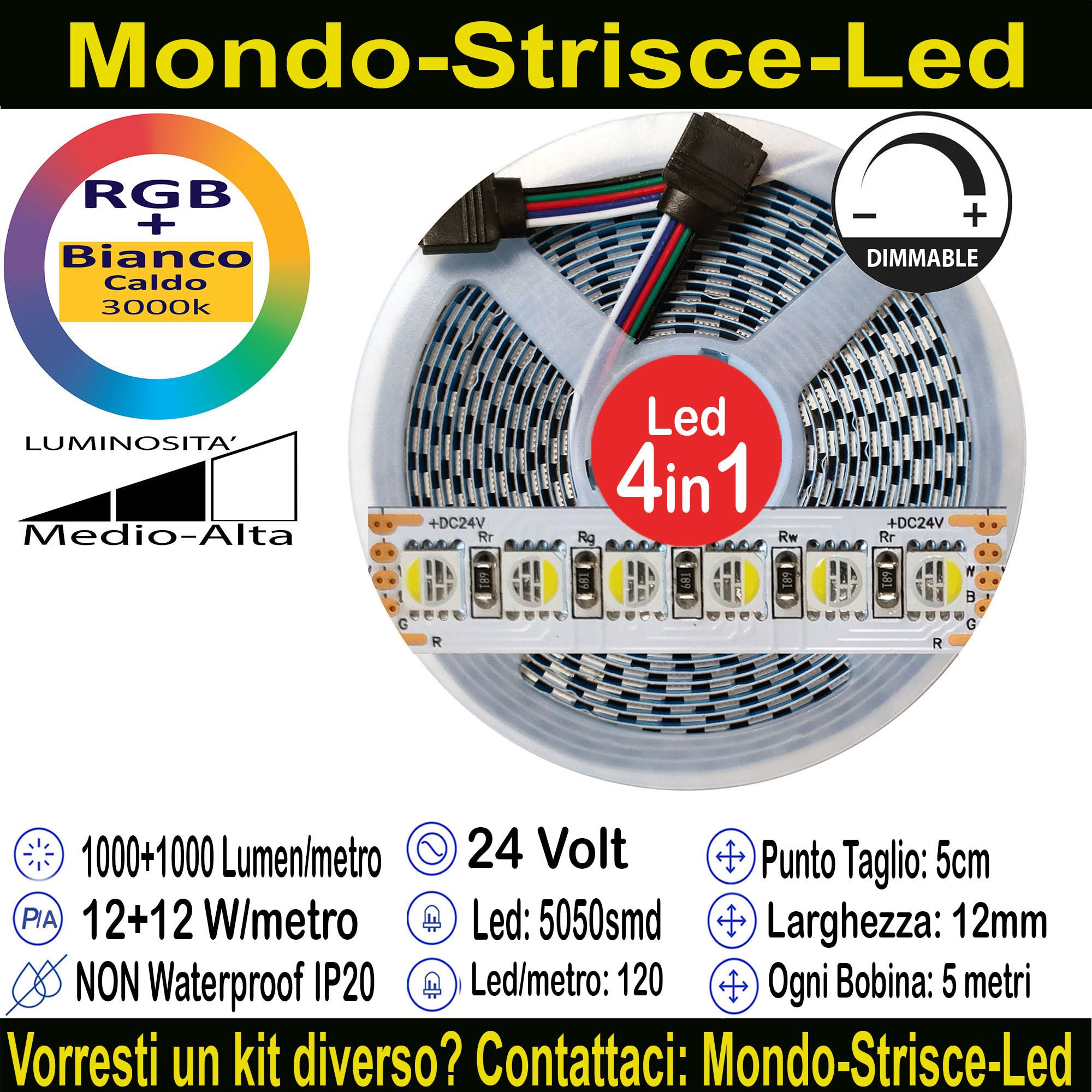 RGB+Bianco Caldo 4in1 24V. Kit da 5 Metri con 1 Trasformatore da 120w e 1 WL5 4in1. Con 600 Led RGB+WW sviluppa 5000+5000 Lumen. Striscia RGBW Ip20