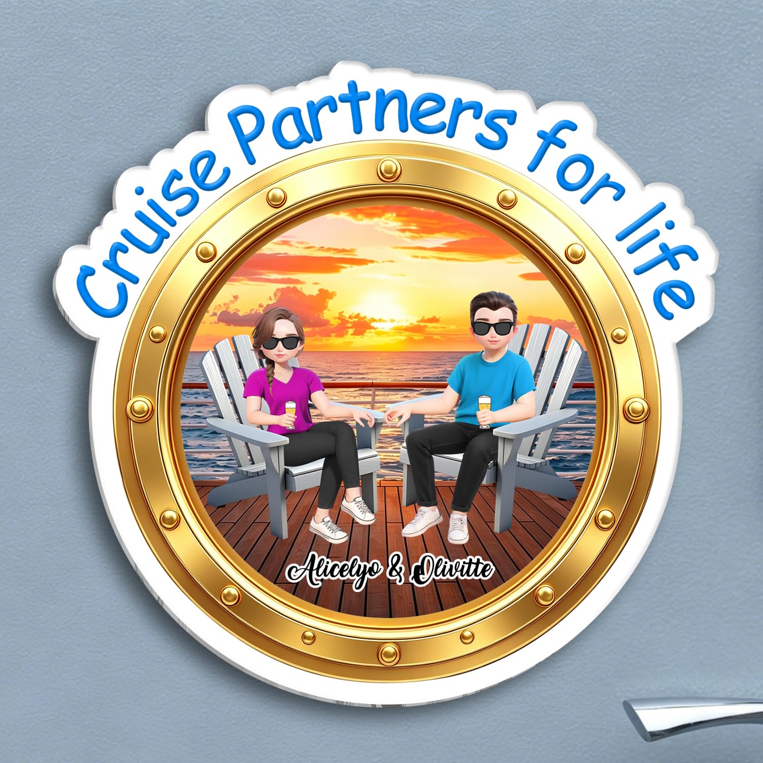 Custom Cruise Partners for Life Couple Portrait Name Magnetic Door Decor Sign Personalized Vacation Recliner Couple Refrigerator Magnet for Wife Husband Family Funny Cruise Ship Door Decor