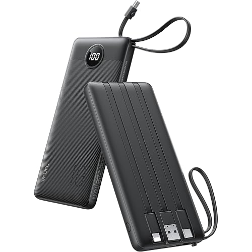 VRURC Portable Charger with Built in Cables, Slim Power Bank 10000mAh, USB C Battery Pack Travel Essential, 5 Outputs 2 Inputs Phone Charging Bank for iPhone 16 15 14 13,Samsung,Android-Black(1 Pack)