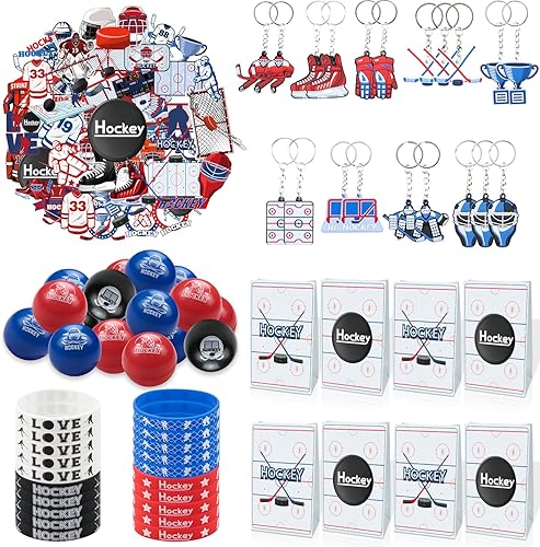 PIXHOTUL Regalos de fiesta de hockey 129 piezas de suministros de fiesta de hockey pelotas de hockey de espuma, pulseras de silicona, calcomanías