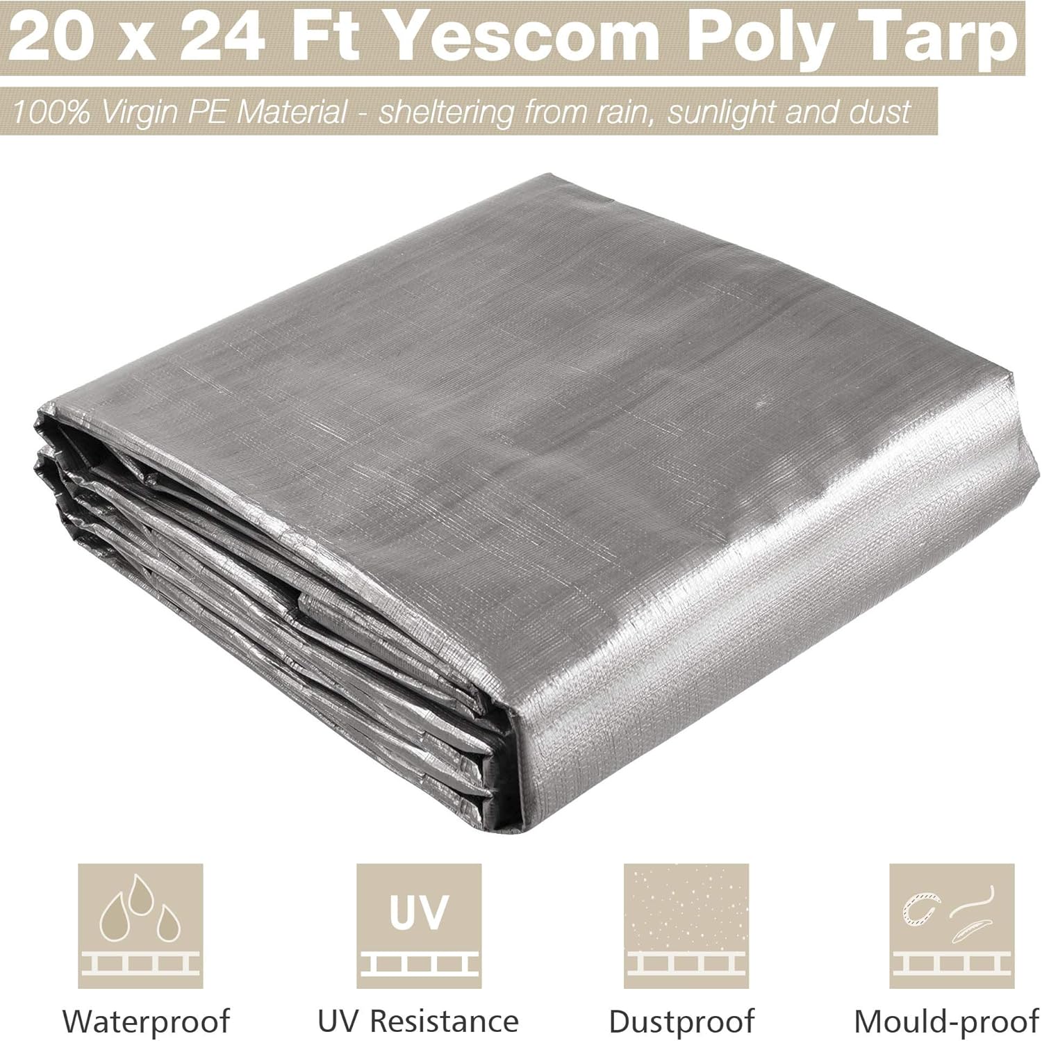 Yescom 20x24FT 10-Mil Plastic Tarp Waterproof Heavy Duty Reversible 25PCS 8" Ball Bungee Cords Shade Canopy Wood Shed Boat Pickup Truck Bed Cover