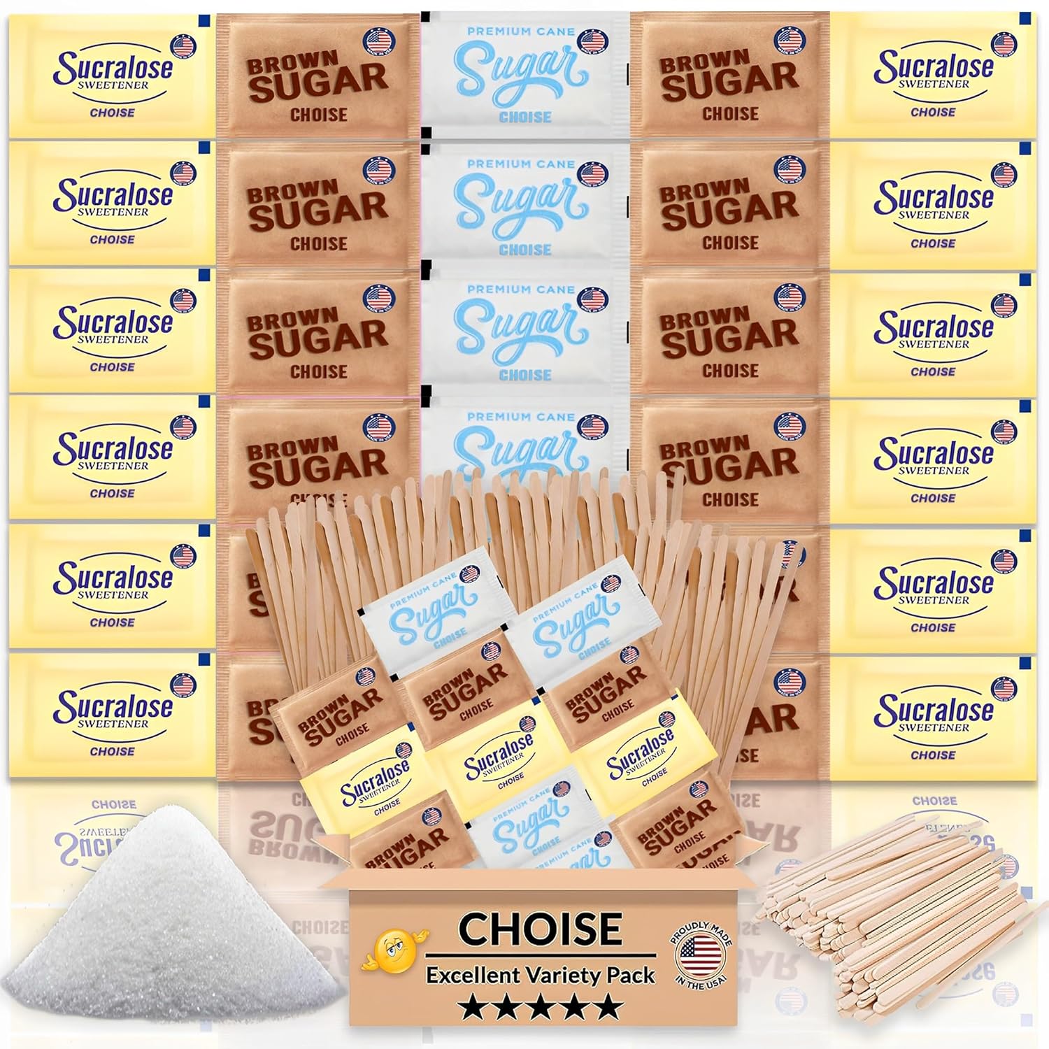 Sugar & Sweetener Assortment Packets, White Premium Cane